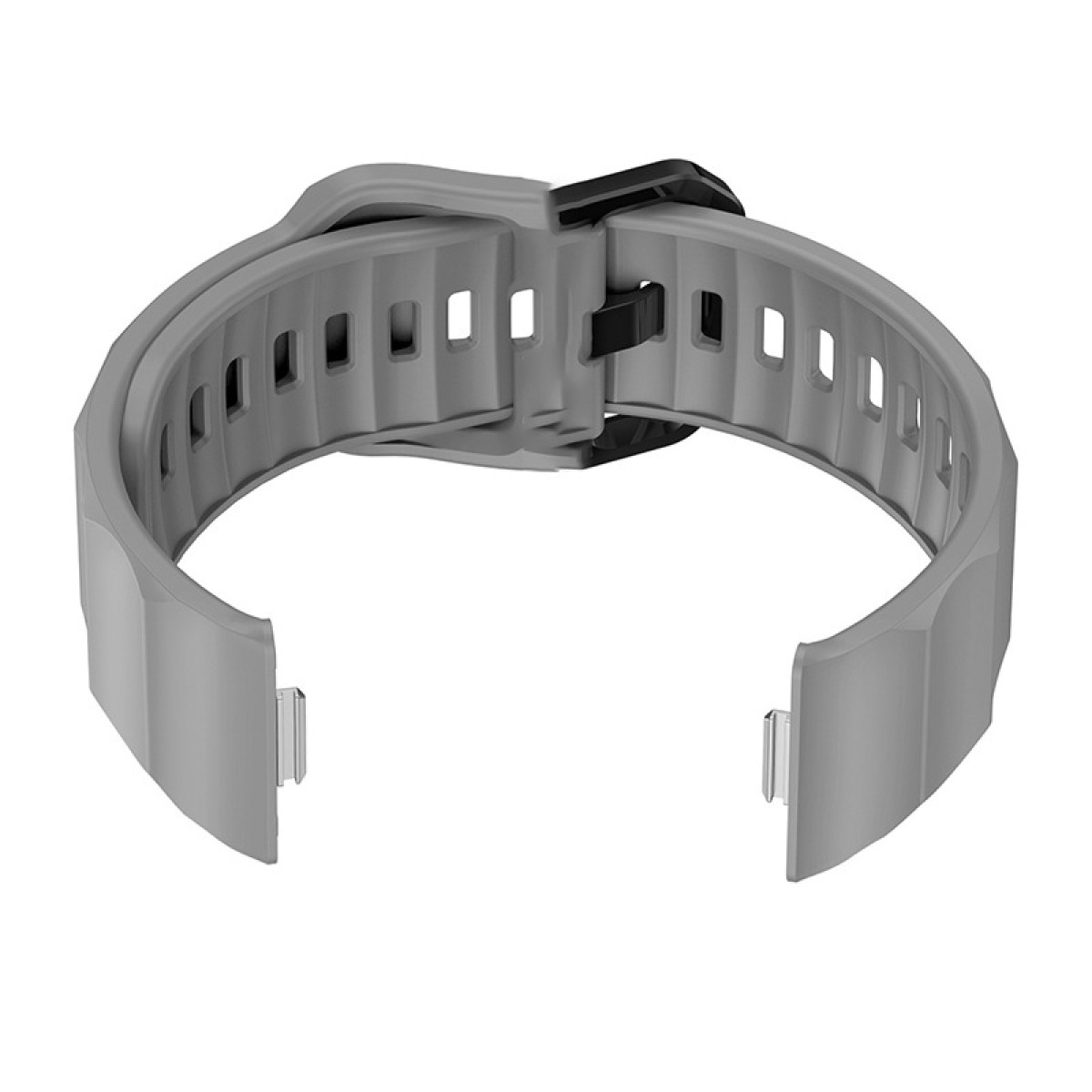 Un cinturino grigio, progettato per uno smartwatch, con fibbia e punti di attacco.