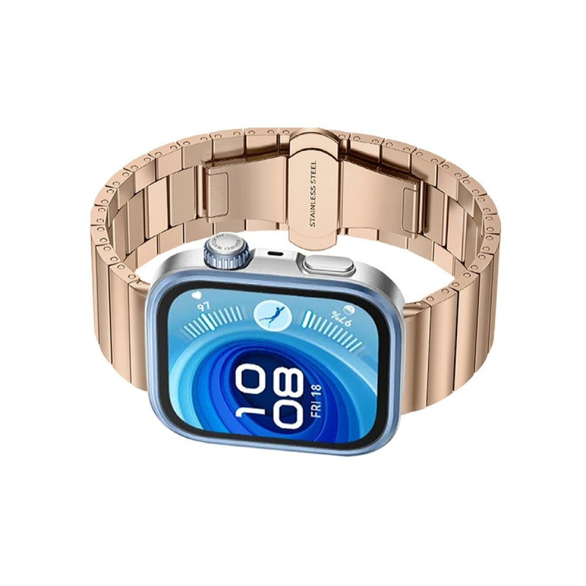 Eine goldene Smartwatch mit blauem Bildschirm und goldenem Metallarmband, zeigt die Uhr.