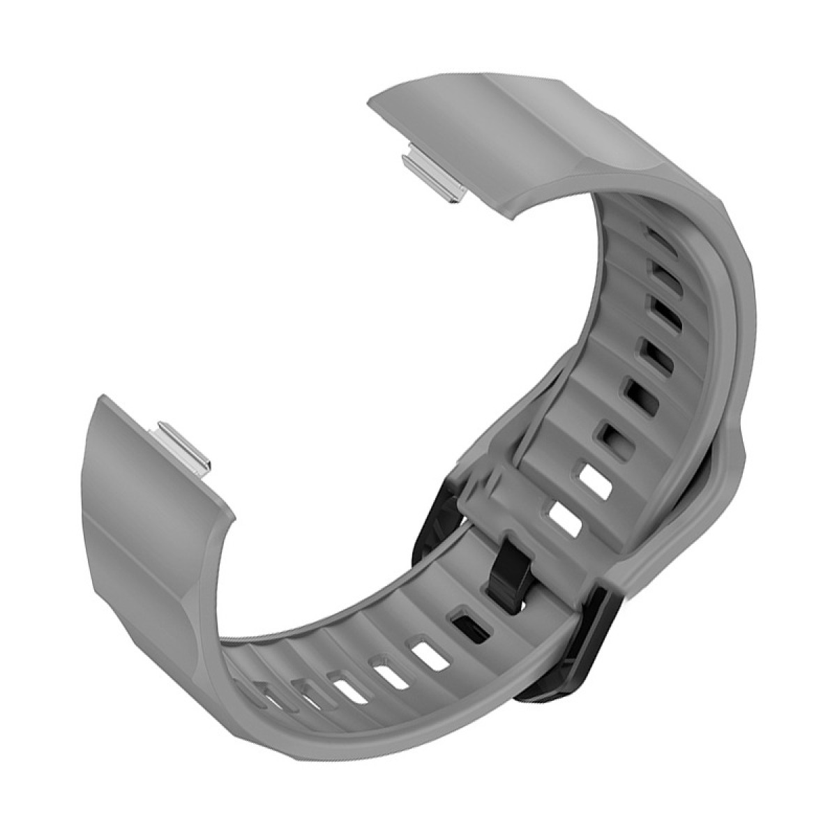 Cinturino grigio per smartwatch, curvo con chiusura nera, isolato su bianco.