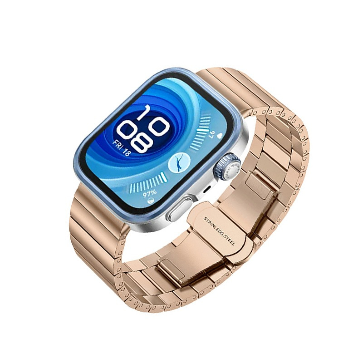 Smartwatch mit roségoldenem Metallband, zeigt die Zeit 10:08, auf weißem Hintergrund.