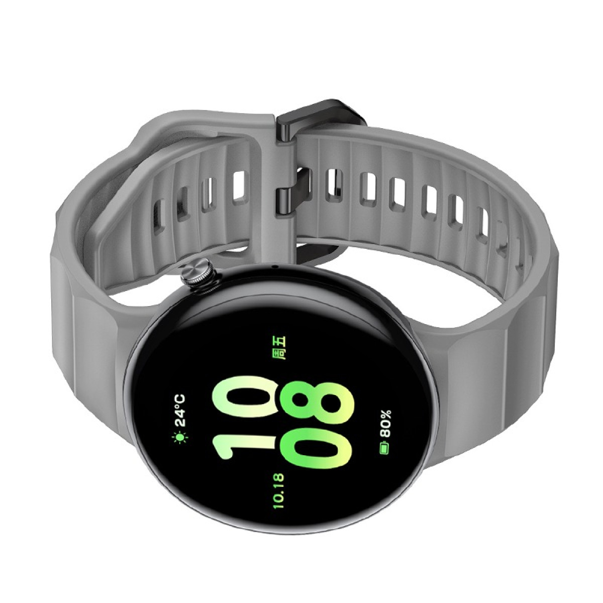 Runde Smartwatch mit grauem Band, zeigt die Zeit 10:08, auf weißem Hintergrund.