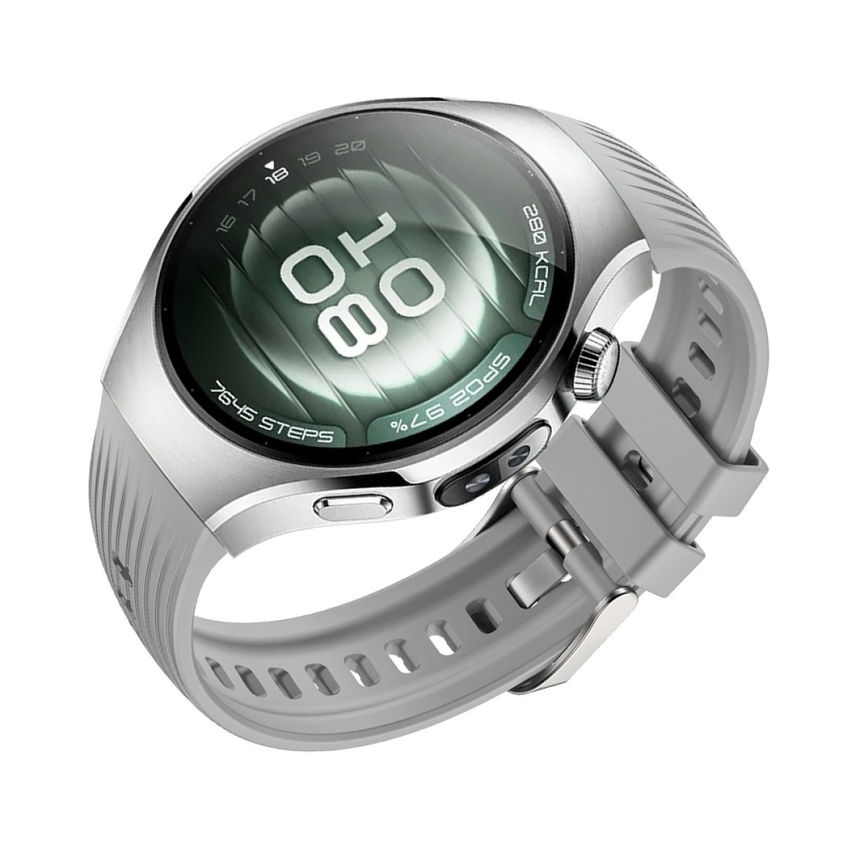 Silberne Smartwatch mit grauem Armband, zeigt die Zeit 10:08, auf weißem Hintergrund.