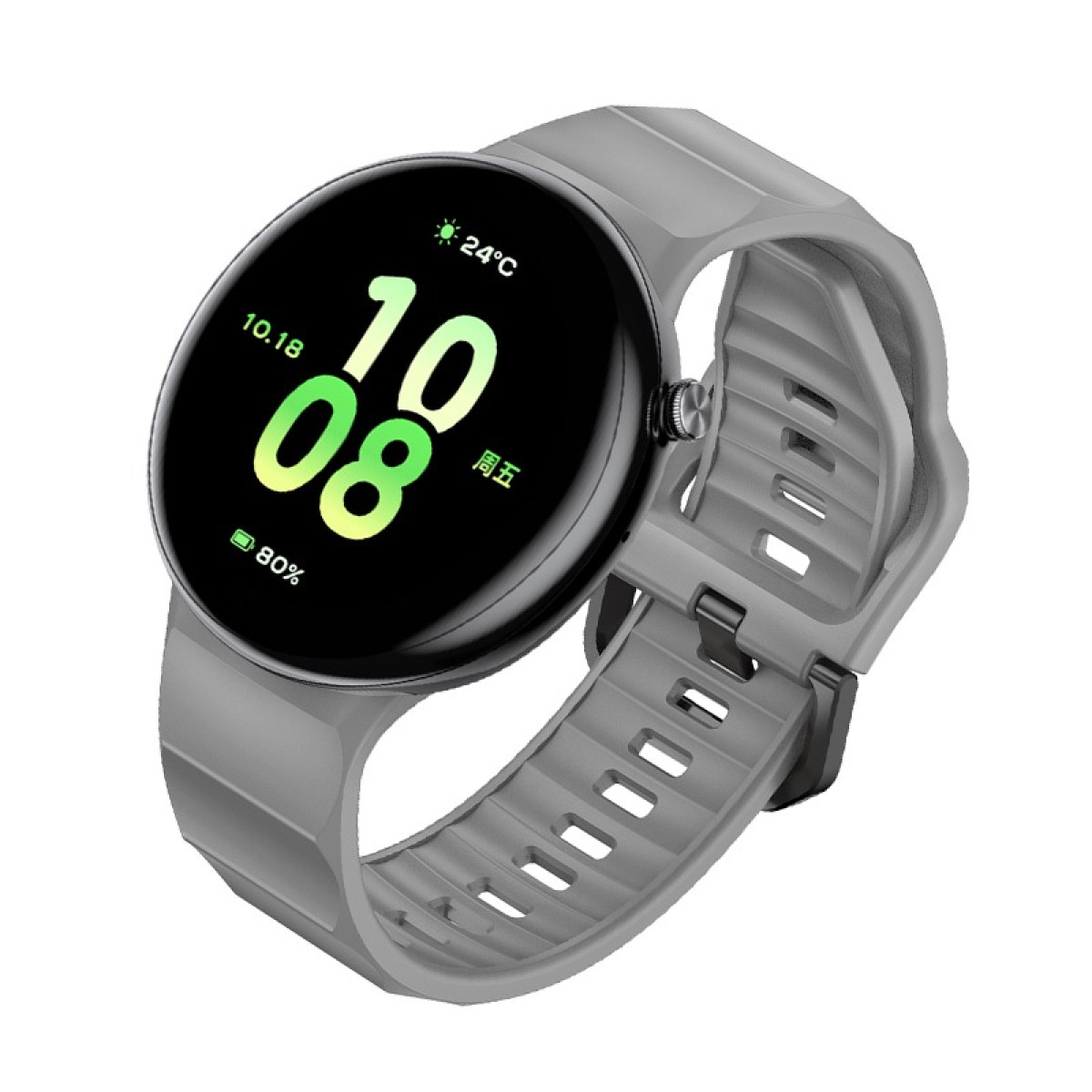 Runde Smartwatch mit grauem Band, zeigt die Zeit 10:08, auf weißem Hintergrund.