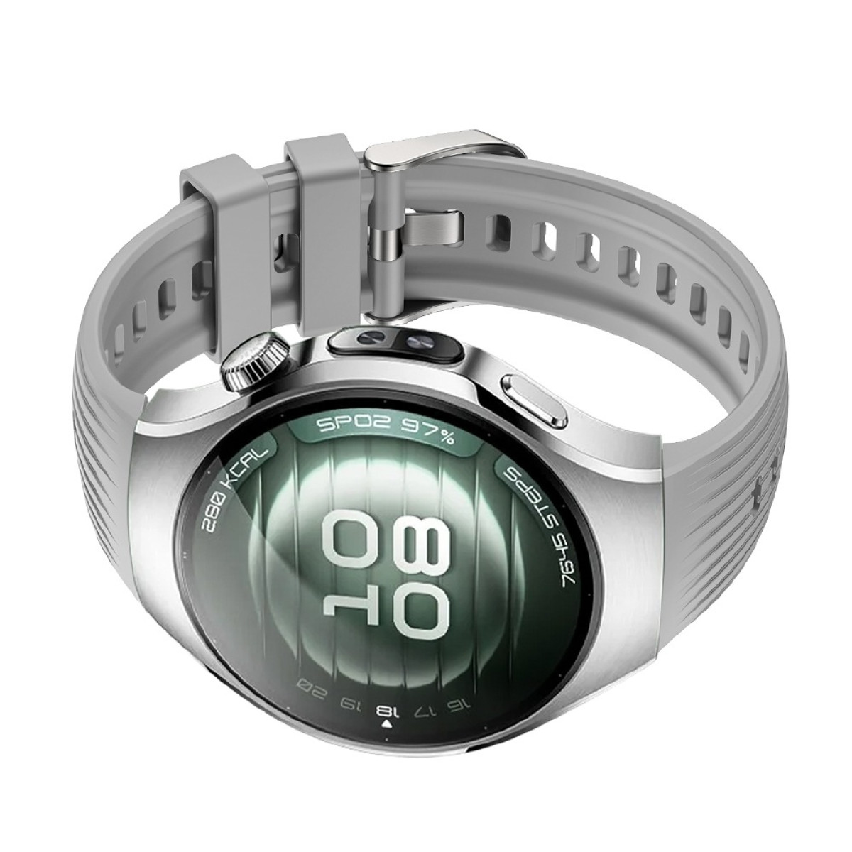 Silberne Smartwatch mit grauem Armband zeigt 10:08 auf dem Bildschirm, auf Weiß.