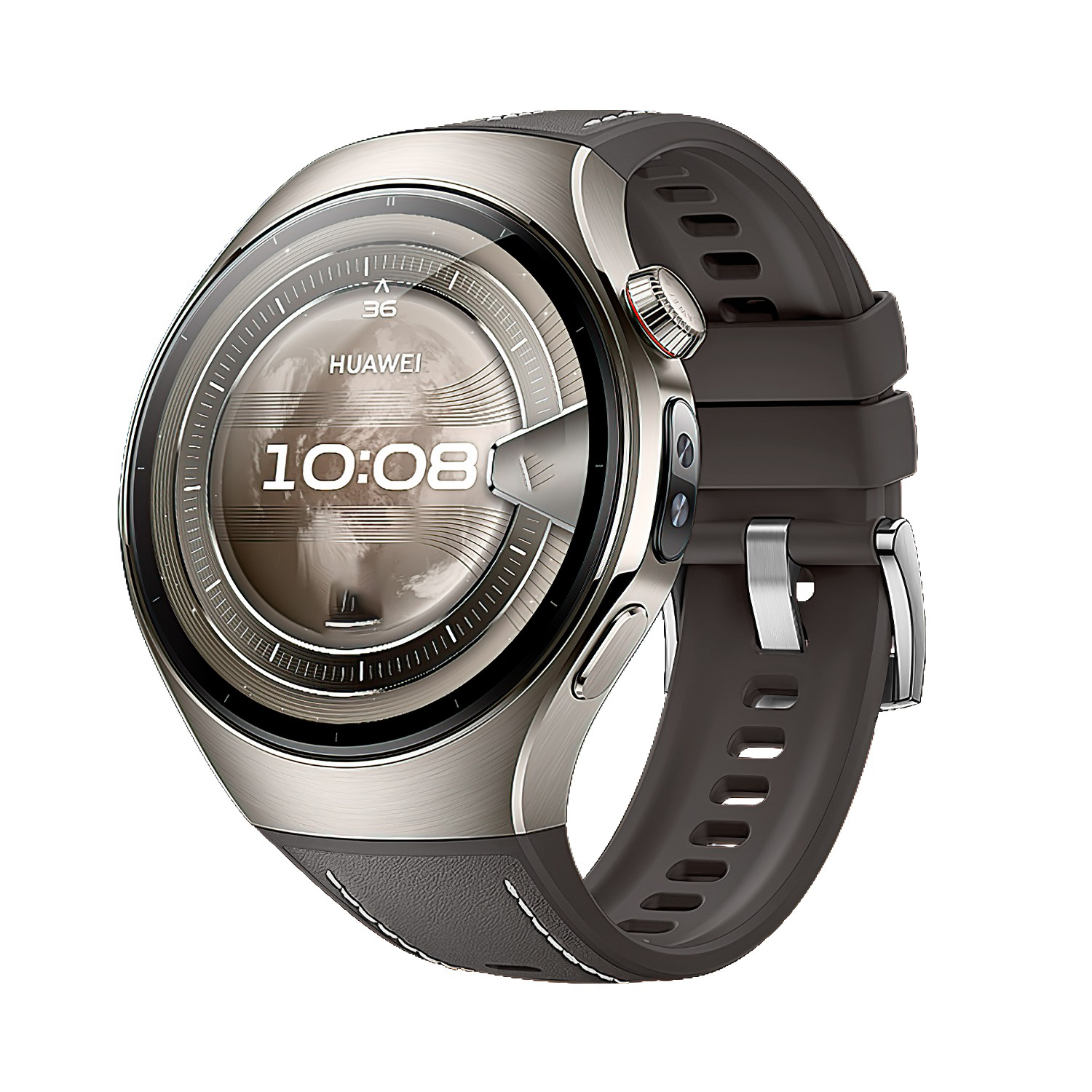 Smartwatch con cinturino grigio scuro, mostra l'ora 10:08, su sfondo bianco.