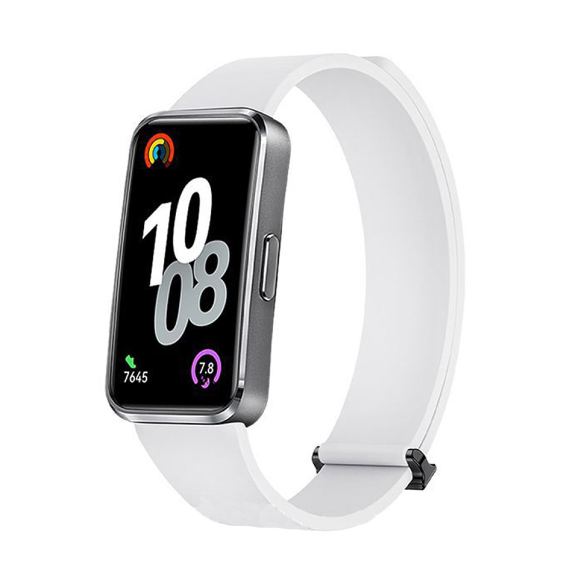 Weiße Smartwatch mit weißem Band, zeigt die Zeit 10:08, auf weißem Hintergrund.