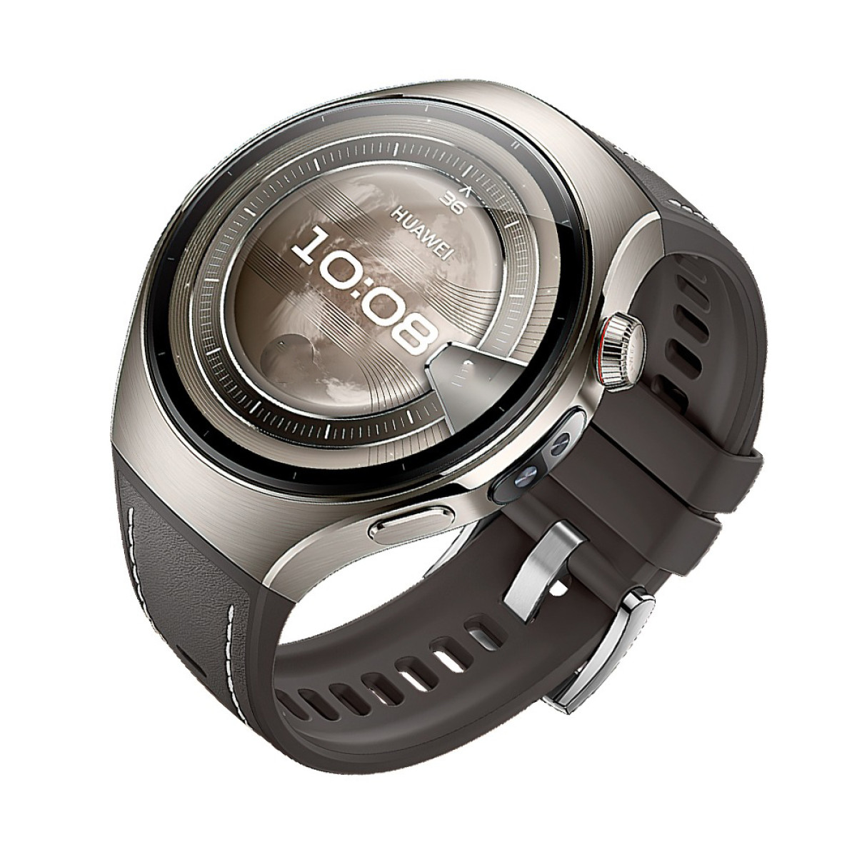 Smartwatch con cinturino grigio scuro che mostra le 10:08 sullo schermo, su bianco.
