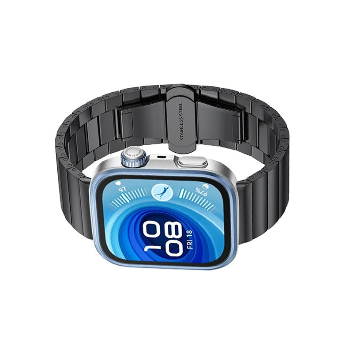 Smartwatch mit schwarzem Metallband, zeigt die Zeit 10:08, auf weißem Hintergrund.