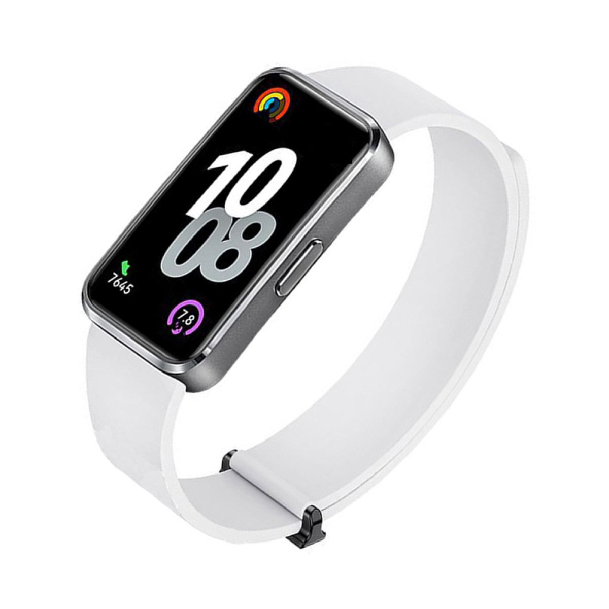 Weiße Smartwatch mit weißem Armband, zeigt die Zeit 10:08, auf weißem Hintergrund.