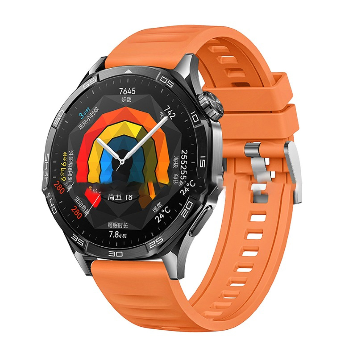 Smartwatch arancione con cinturino arancione, mostra dati su sfondo bianco.