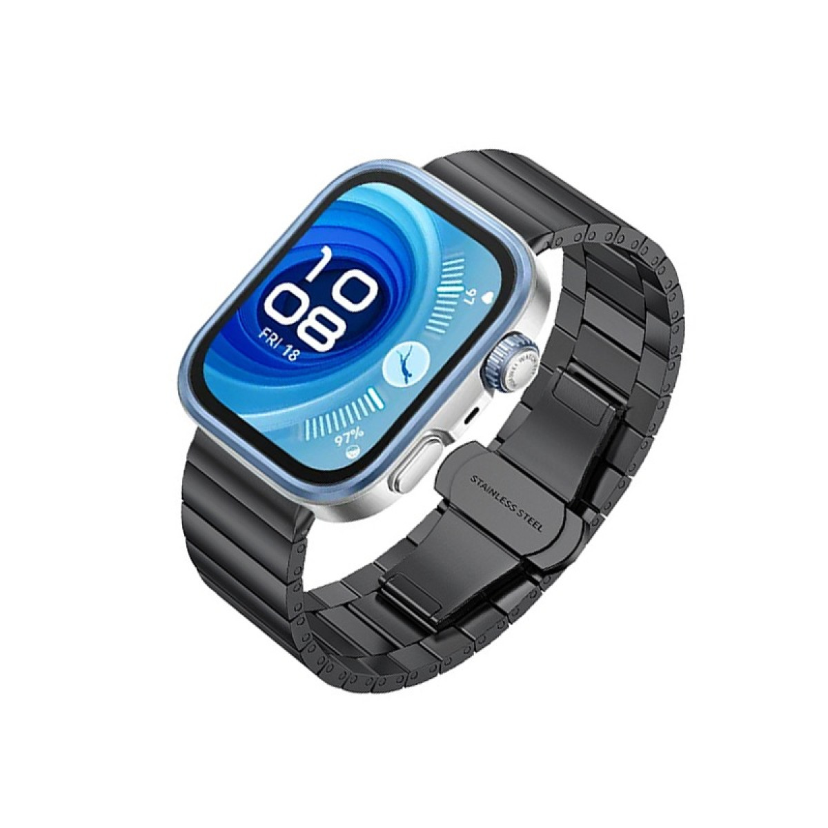 Smartwatch mit schwarzem Metallband, zeigt die Zeit 10:08, auf weißem Hintergrund.