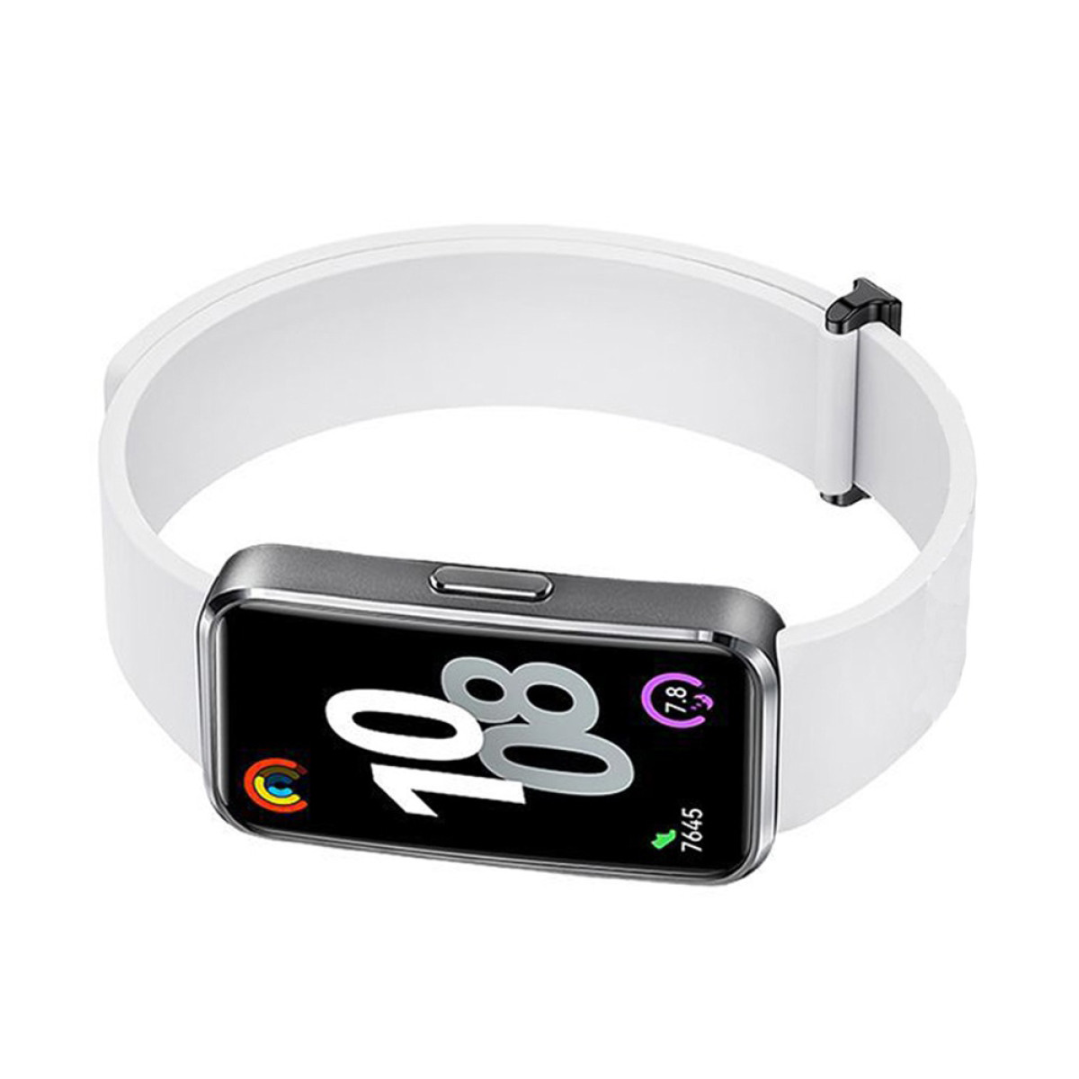 Eine weiße Smartwatch mit rechteckigem Display, das die Uhrzeit und Aktivitätsmetriken anzeigt. Sie hat ein weißes Armband.