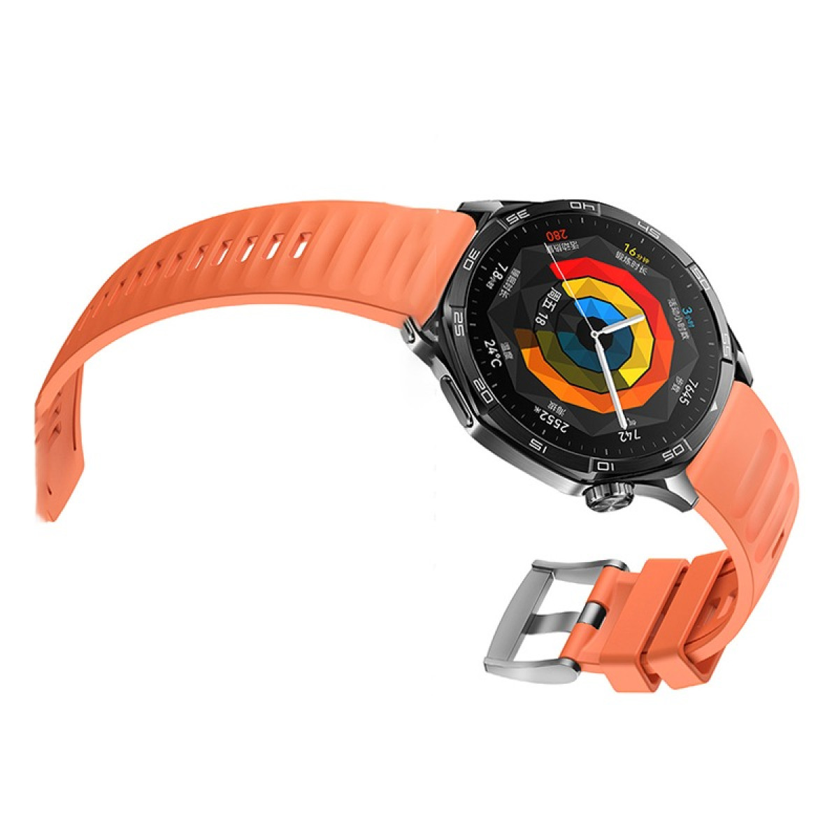 Uno smartwatch arancione con quadrante rotondo che mostra dati. Il cinturino è anch'esso arancione e leggermente angolato.