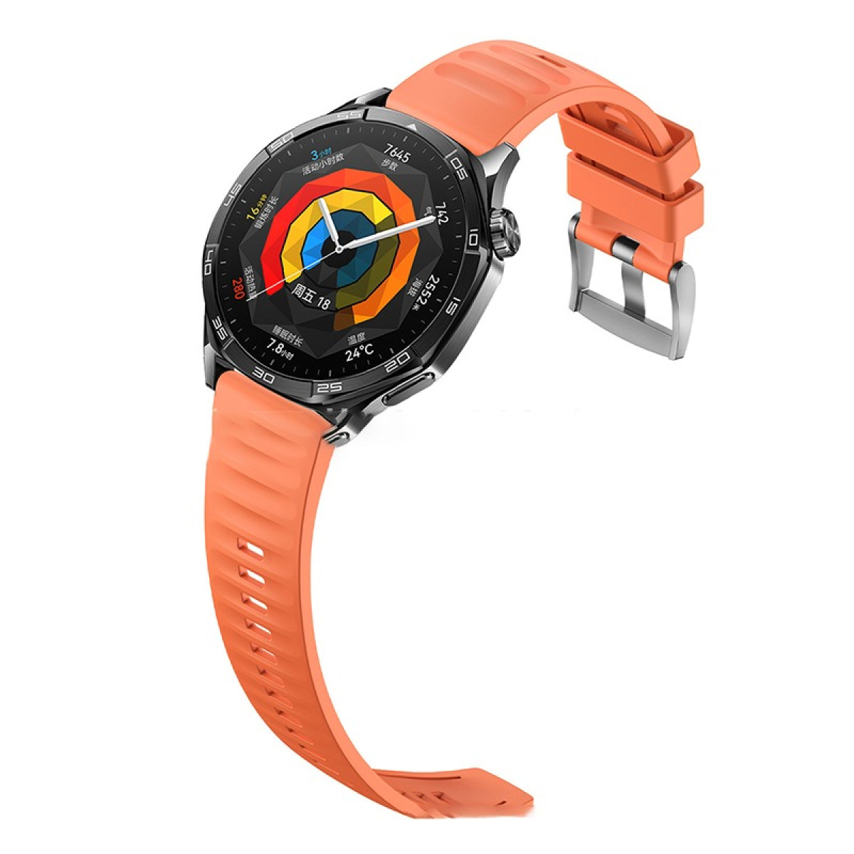 Smartwatch arancione con quadrante rotondo che mostra informazioni. Il cinturino è arancione e leggermente angolato.