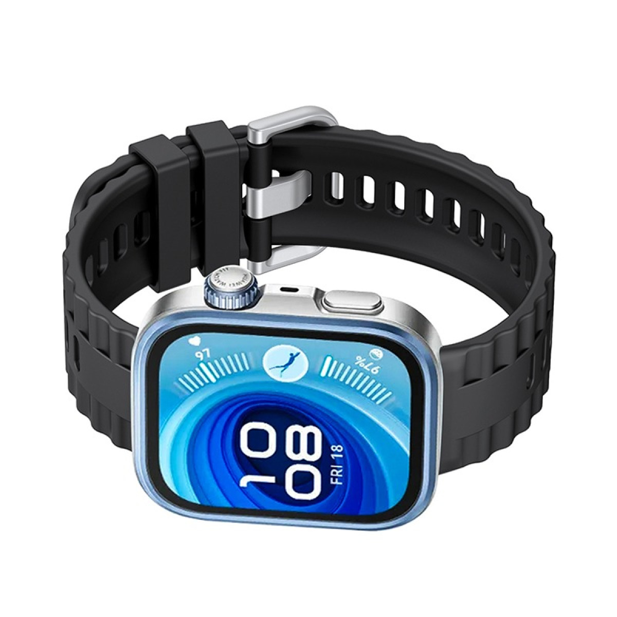 Eine schwarze Smartwatch mit blauem Rand, die die Zeit anzeigt. Sie befindet sich auf einem schwarzen Armband.