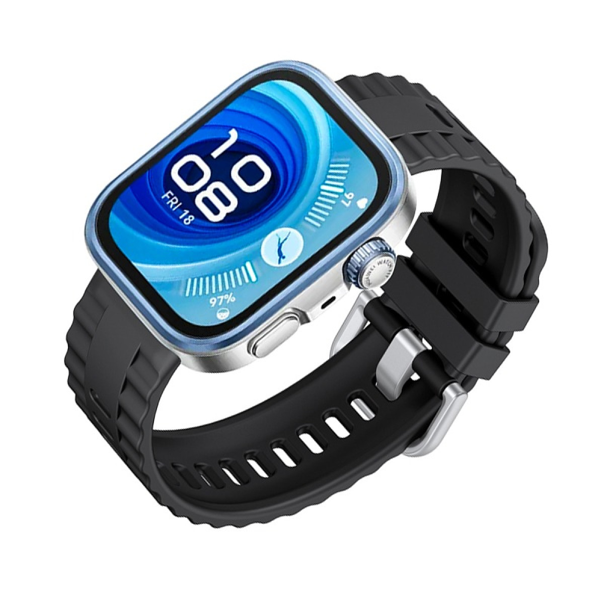 Eine schwarze Smartwatch mit blauem Rand, die die Zeit anzeigt. Sie befindet sich auf einem schwarzen Armband.
