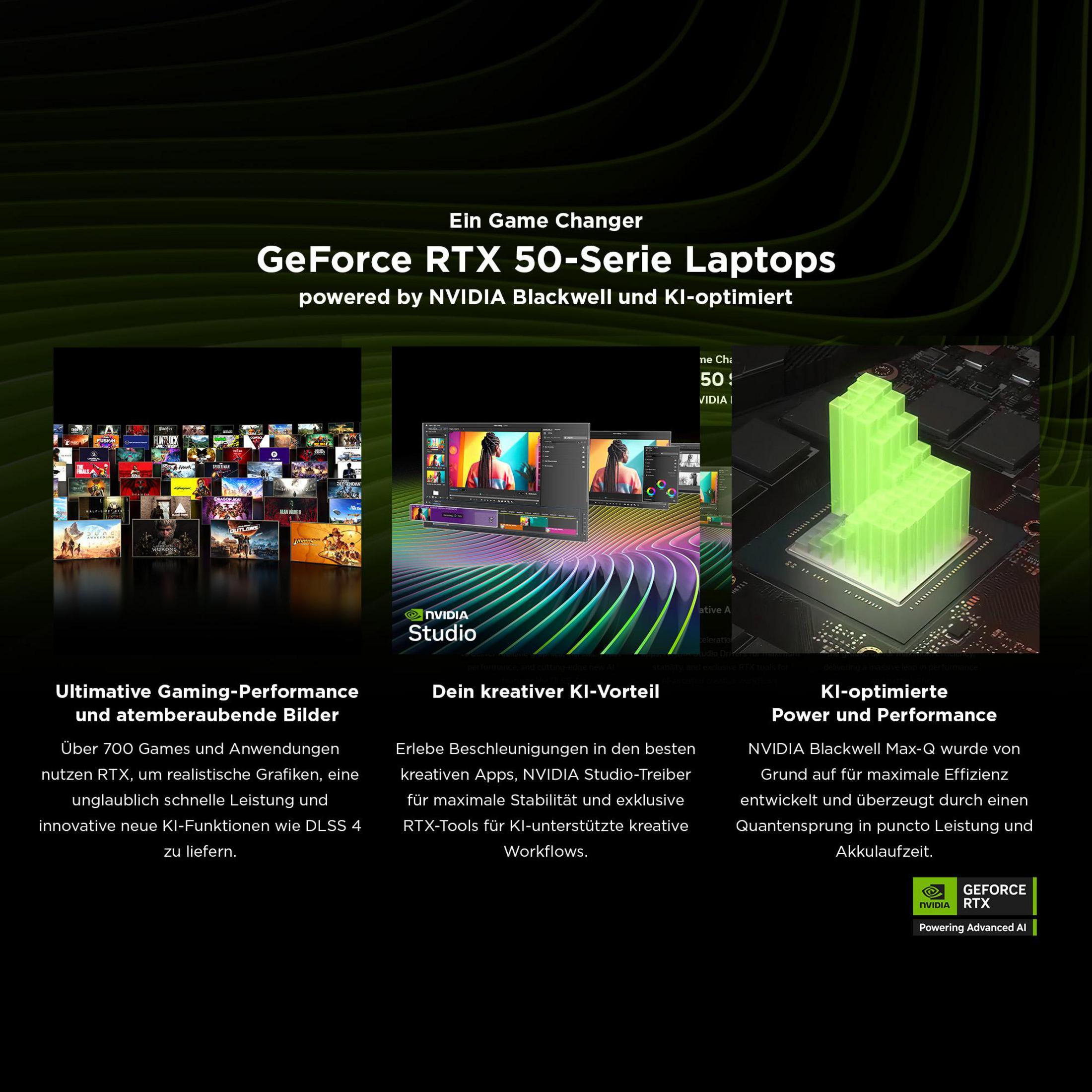 Werbung für Gaming-Laptops, präsentiert die GeForce RTX 50-Serie mit verschiedenen Funktionen.