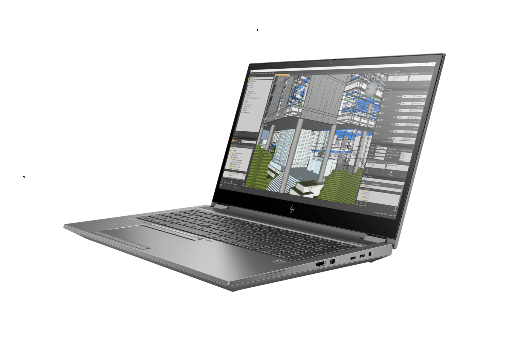 Ein grauer Laptop geöffnet, der ein Konstruktionsdesign auf dem Bildschirm zeigt, seitlich abgewinkelt.