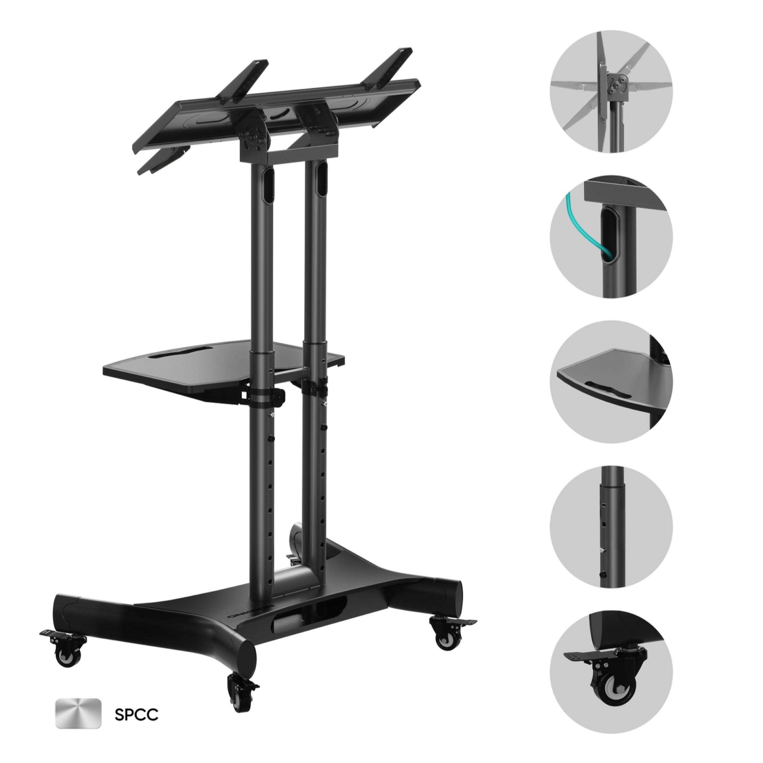 Czarny stojak pod telewizor z kółkami i półką. Zawiera schematy jego cech i elementów.