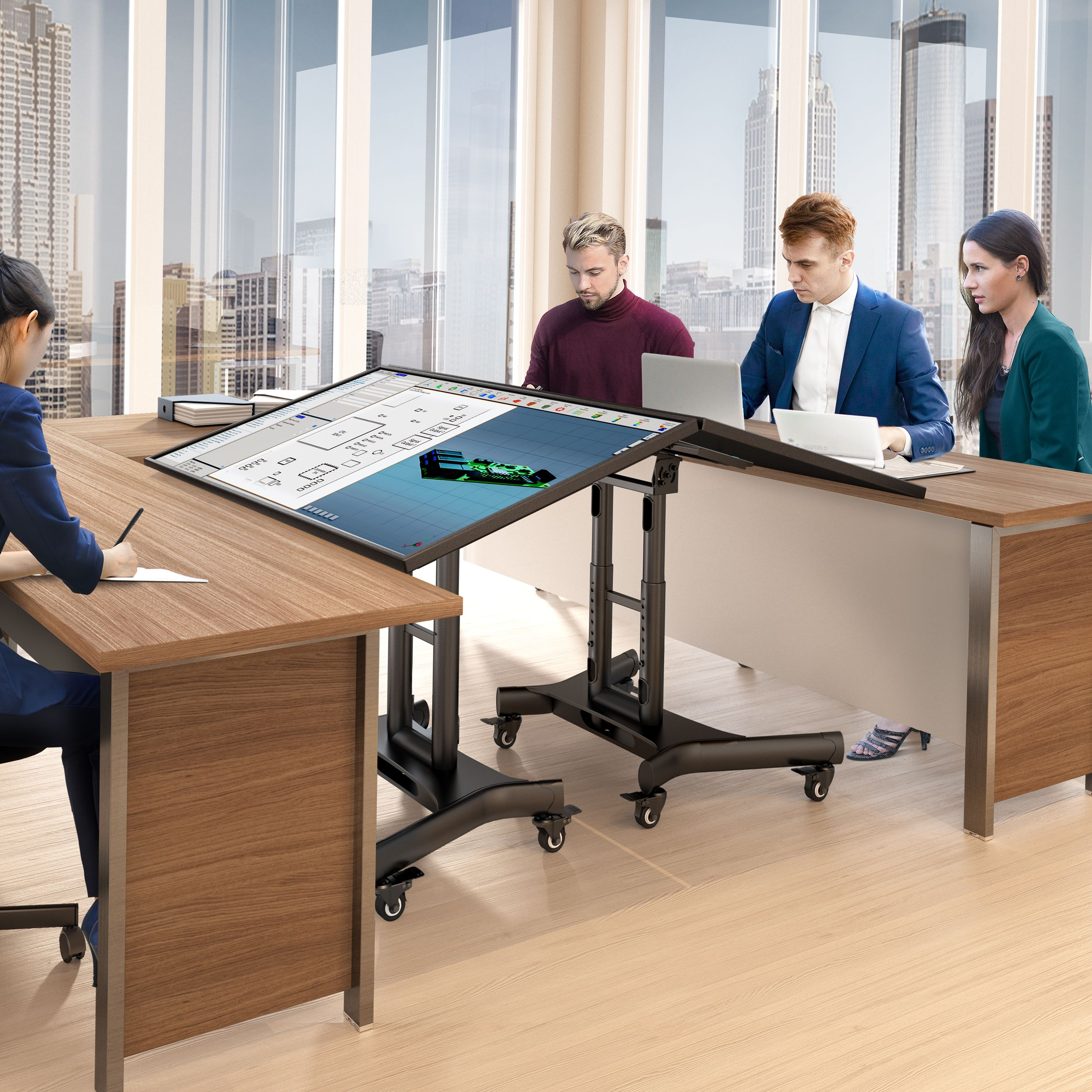 Grupa osób w środowisku biurowym ze stojakami pod telewizor. Niektóre osoby pracują na laptopach.