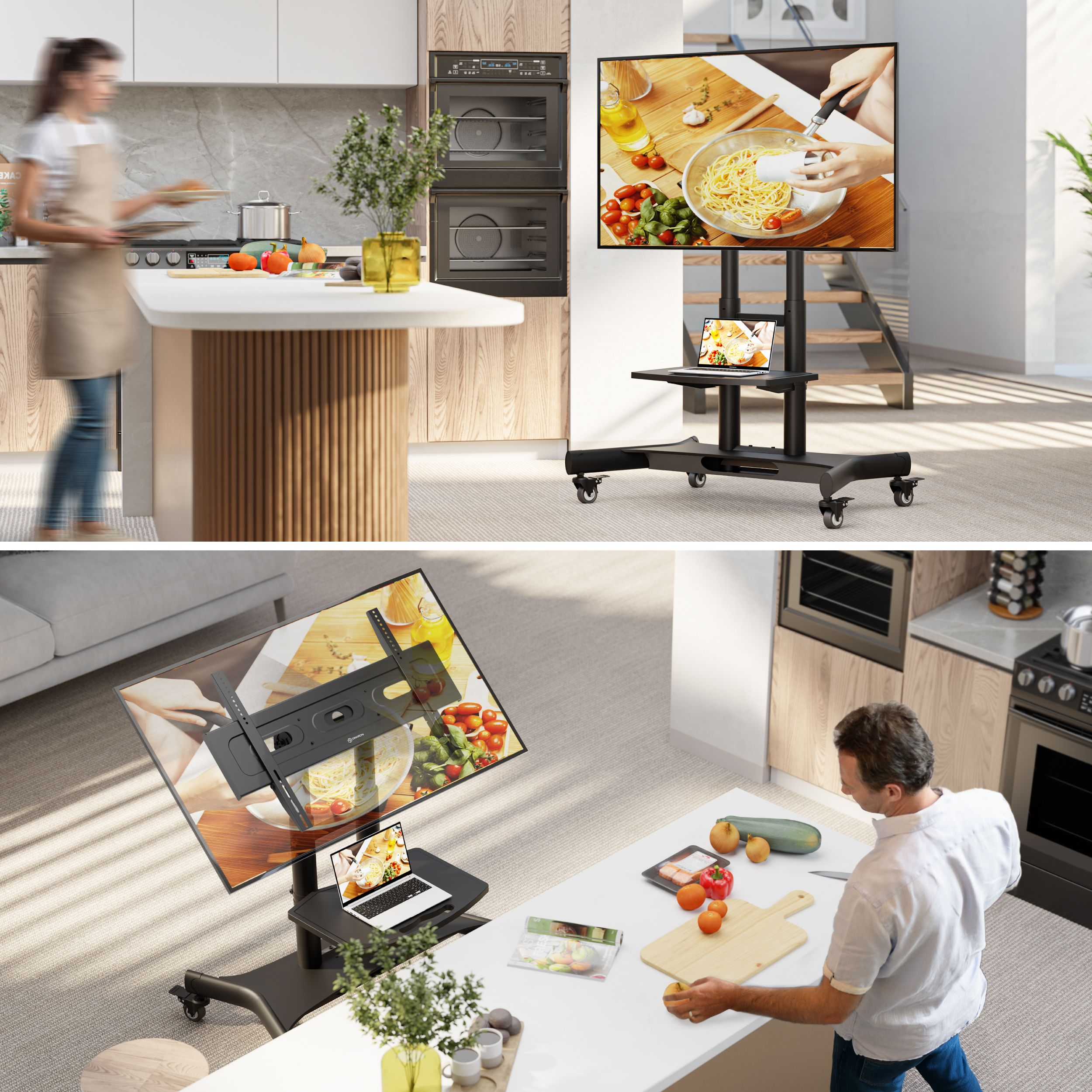 Dwa obrazy przedstawiają sceny w kuchni. Jeden pokazuje stojak pod telewizor z ekranem i kucharzem. Drugi gotuje.