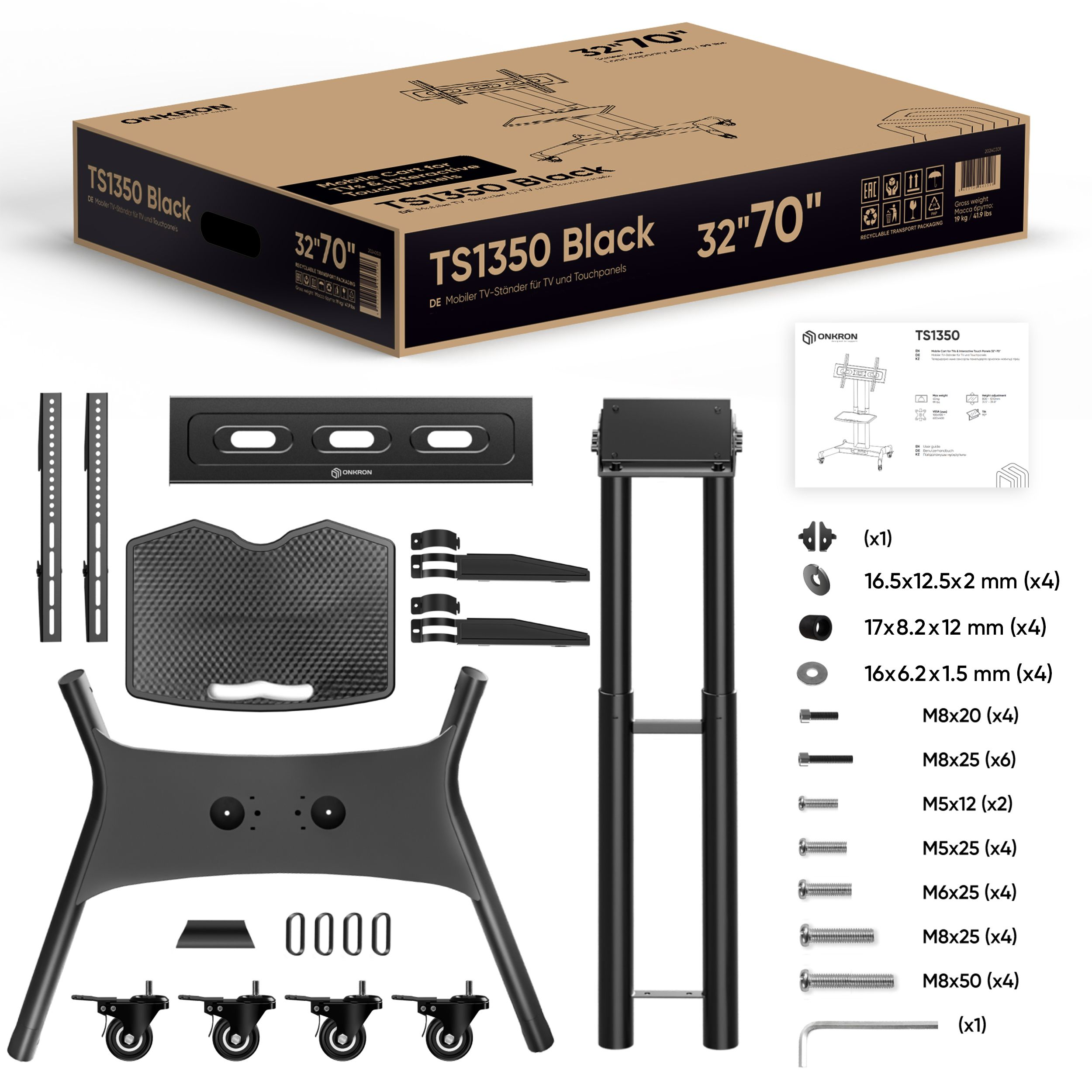 Pudełko z częściami stojaka pod telewizor i listą elementów. Pokazano akcesoria.