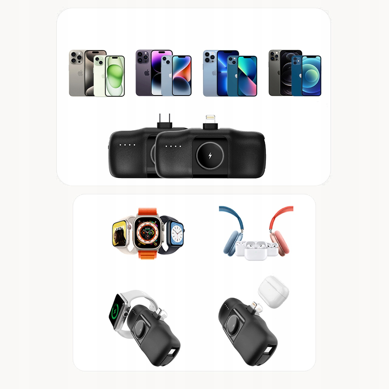 Wiele telefonów i urządzeń z czarną ładowarką. Są też zegarki i słuchawki.