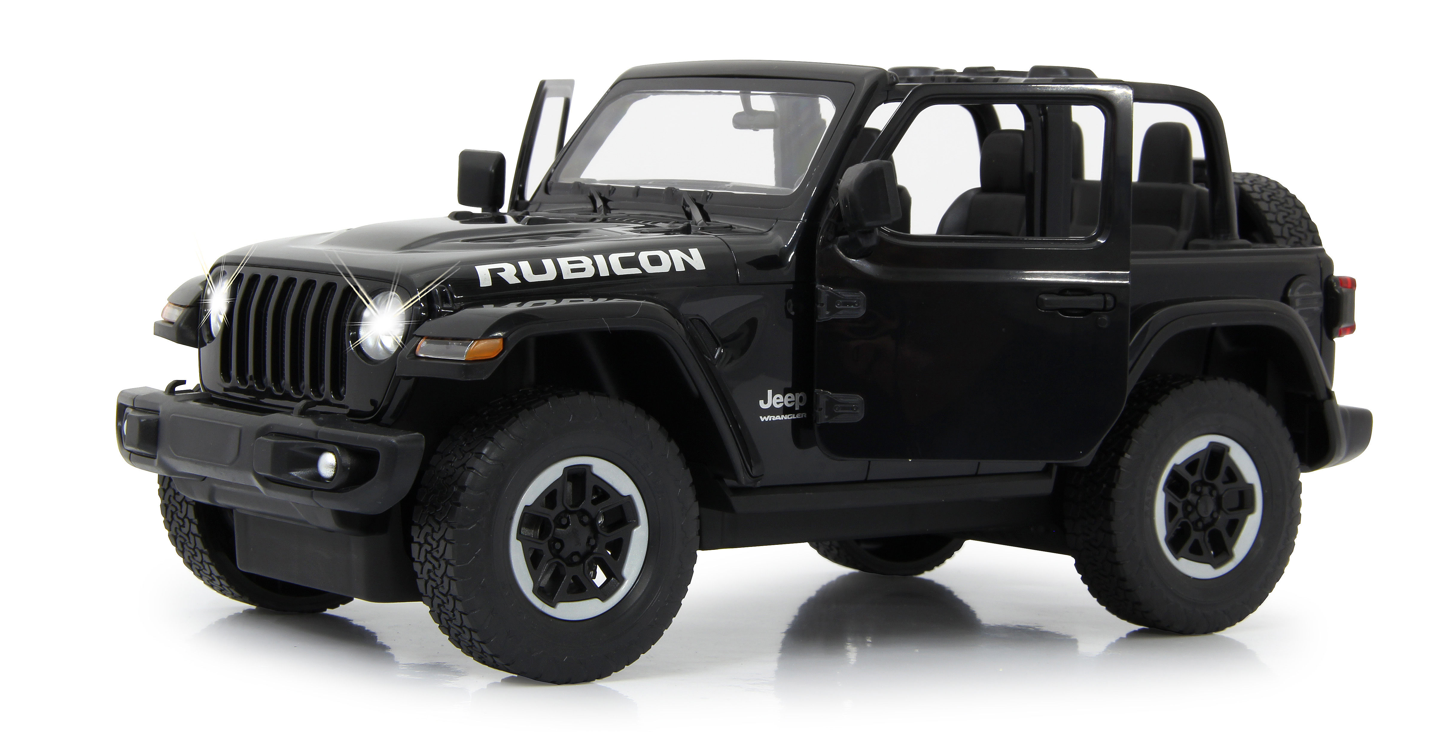 Schwarzes Jeep-Spielzeugauto mit offenen Türen auf weißer Oberfläche. RUBICON.