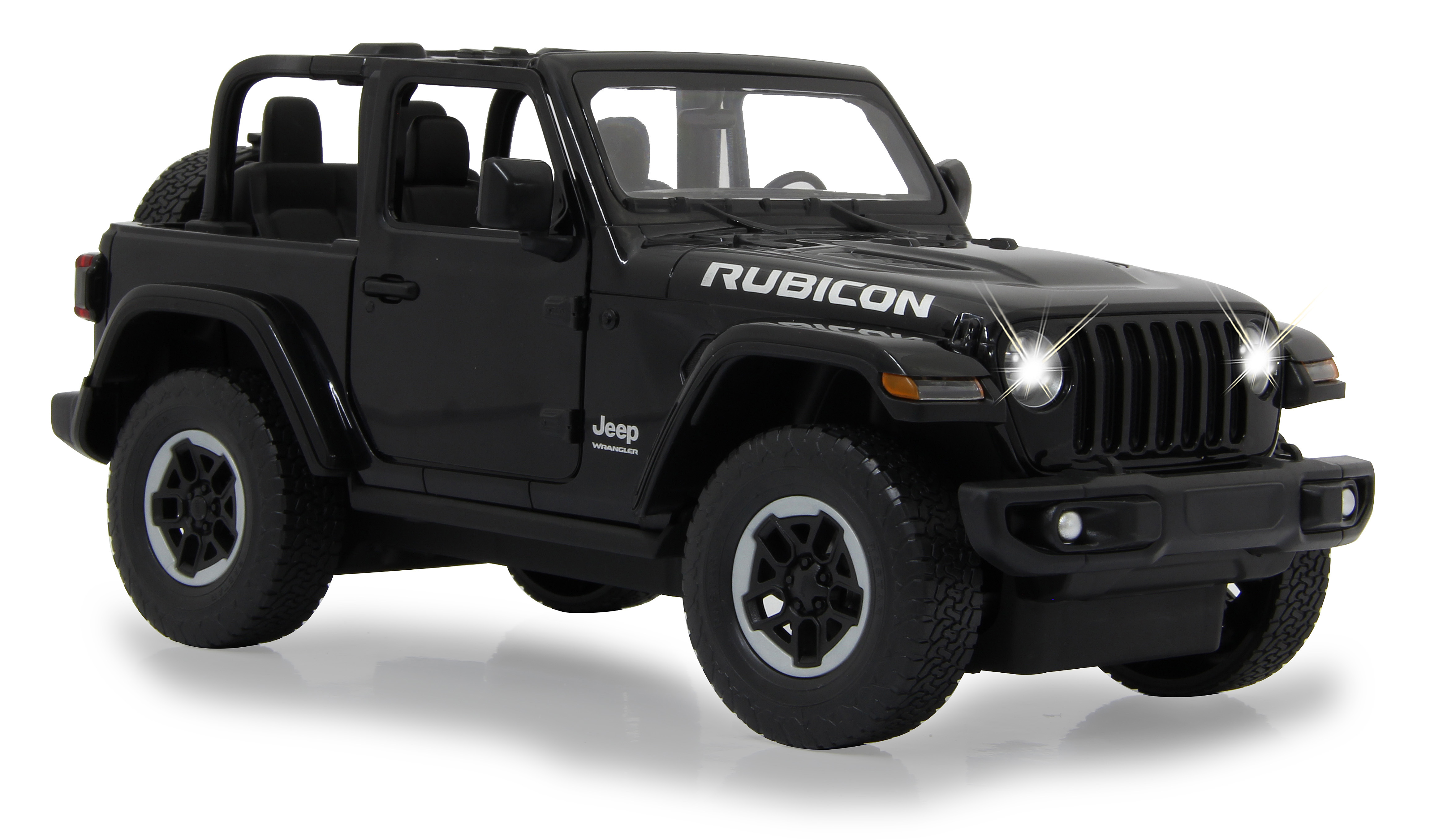 Schwarzes Jeep-Spielzeugauto. Das Auto steht auf weißem Untergrund. RUBICON.