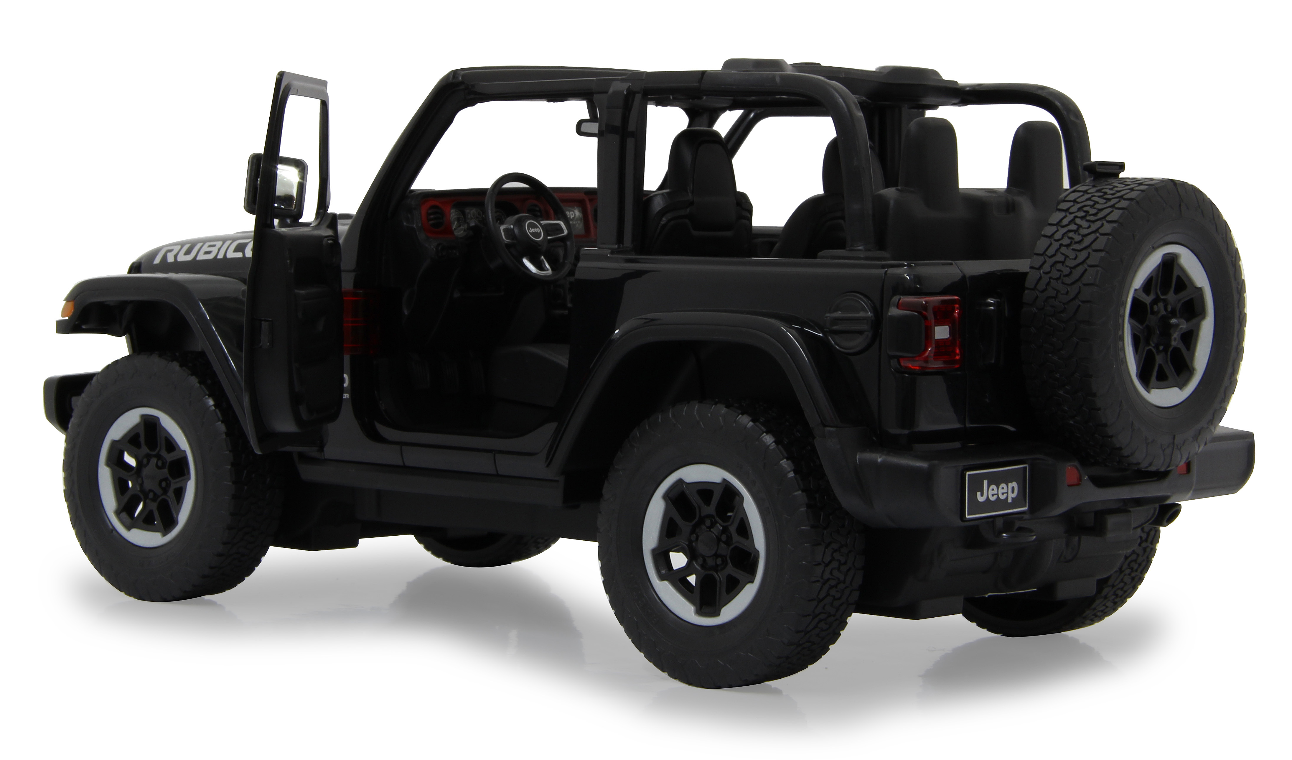 Schwarzes Jeep Wrangler Rubicon Spielzeugauto mit geöffneten Türen, Ersatzreifen und schwarzem Innenraum.
