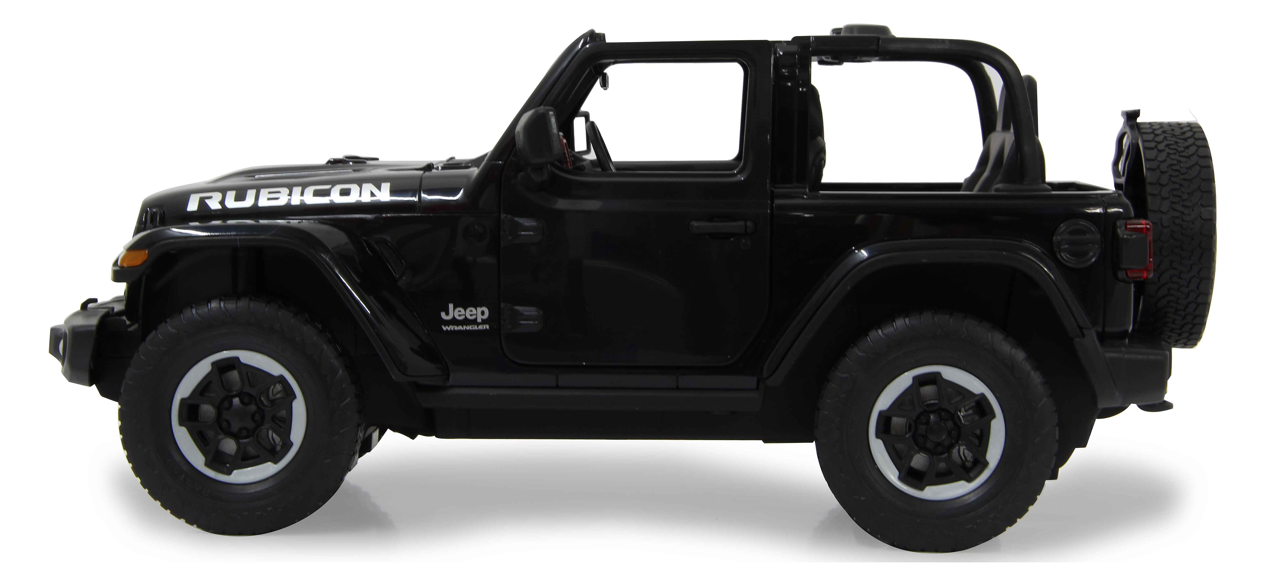 Seitenansicht eines schwarzen Jeep Wrangler Rubicon Spielzeugautos. Es hat eine geschlossene Tür und ein Ersatzrad.