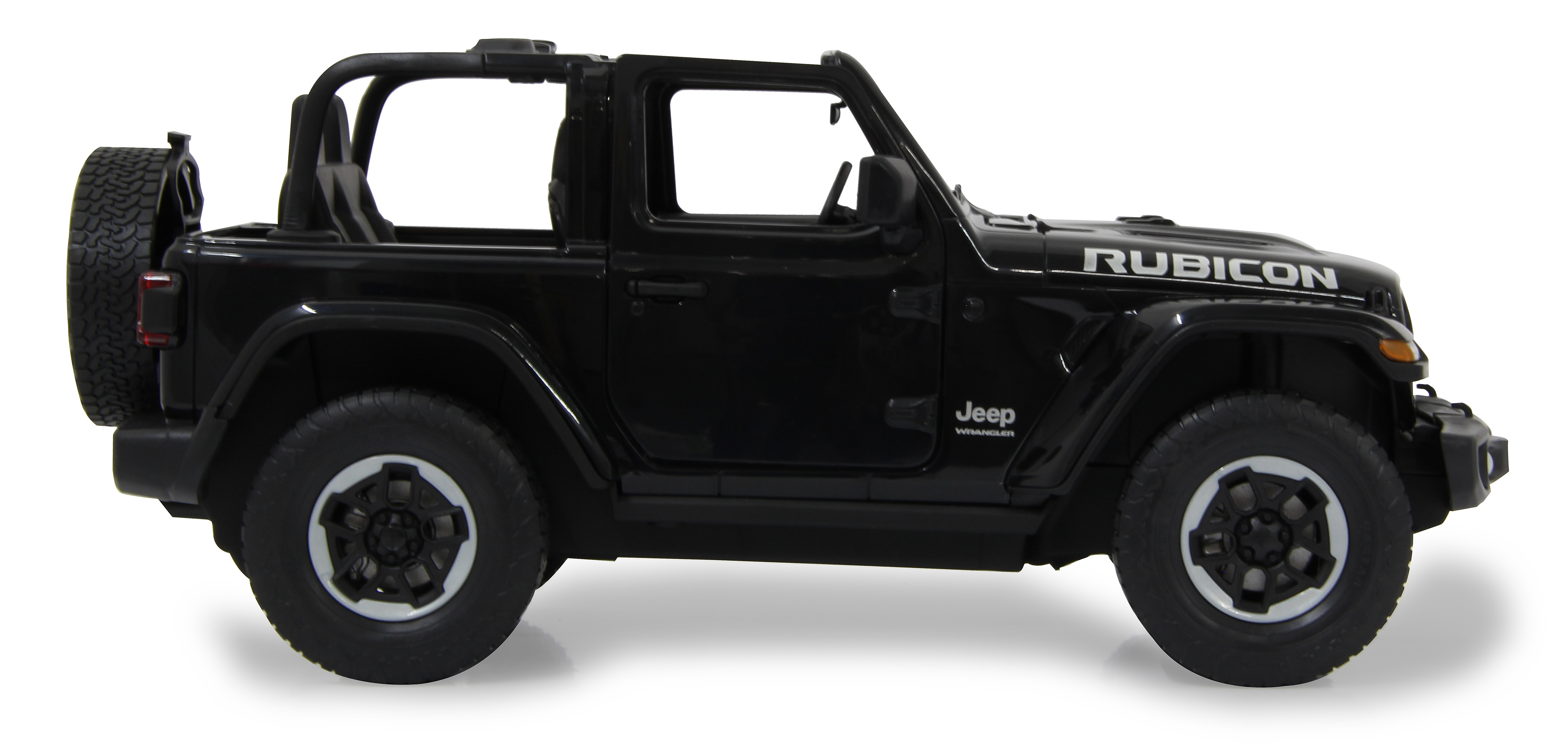Seitenansicht eines schwarzen Jeep Wrangler Rubicon Spielzeugautos. Das Ersatzrad ist hinten sichtbar.