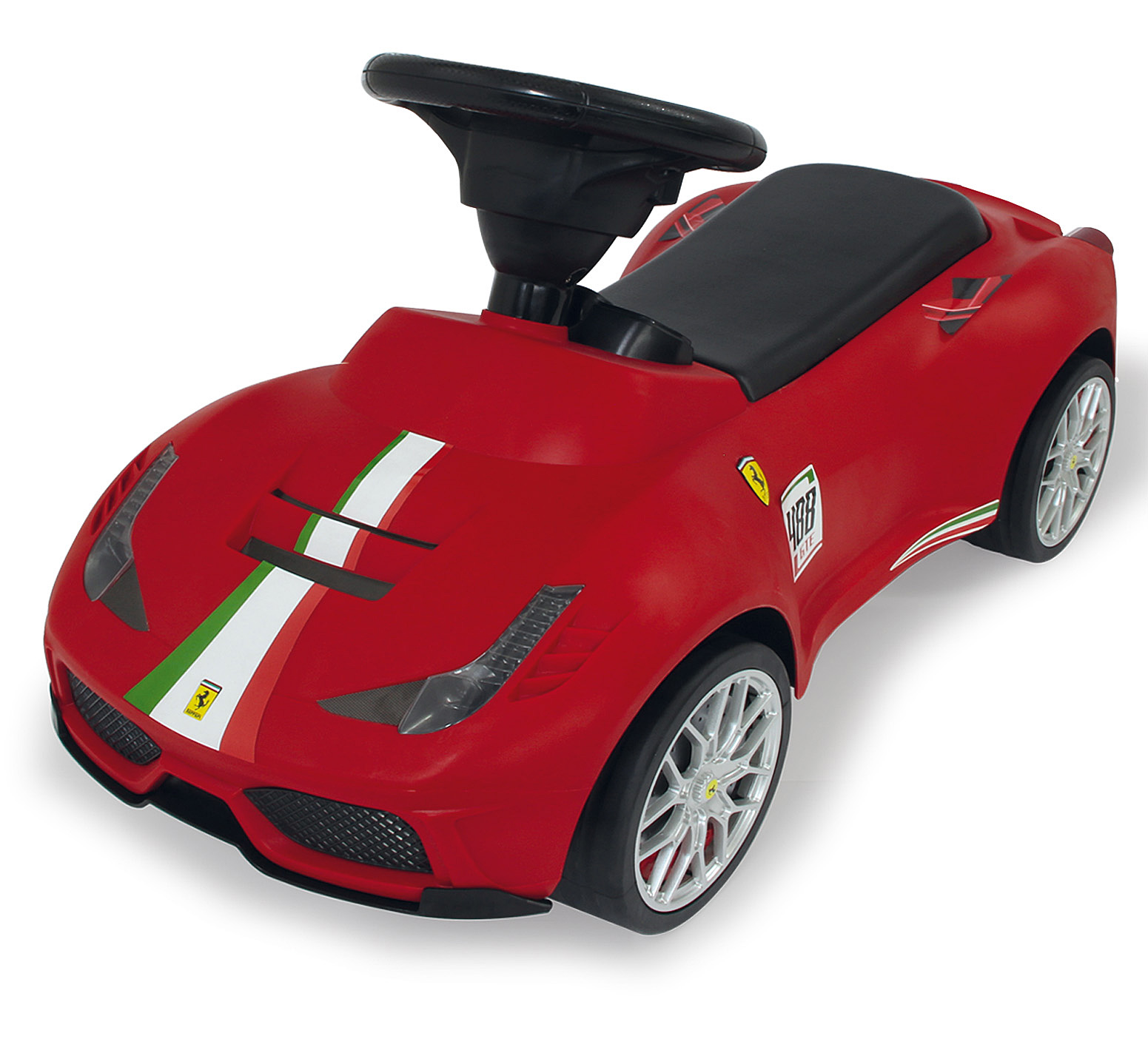 Coche de juguete Ferrari rojo con rayas blancas y verdes, volante negro y asiento negro.