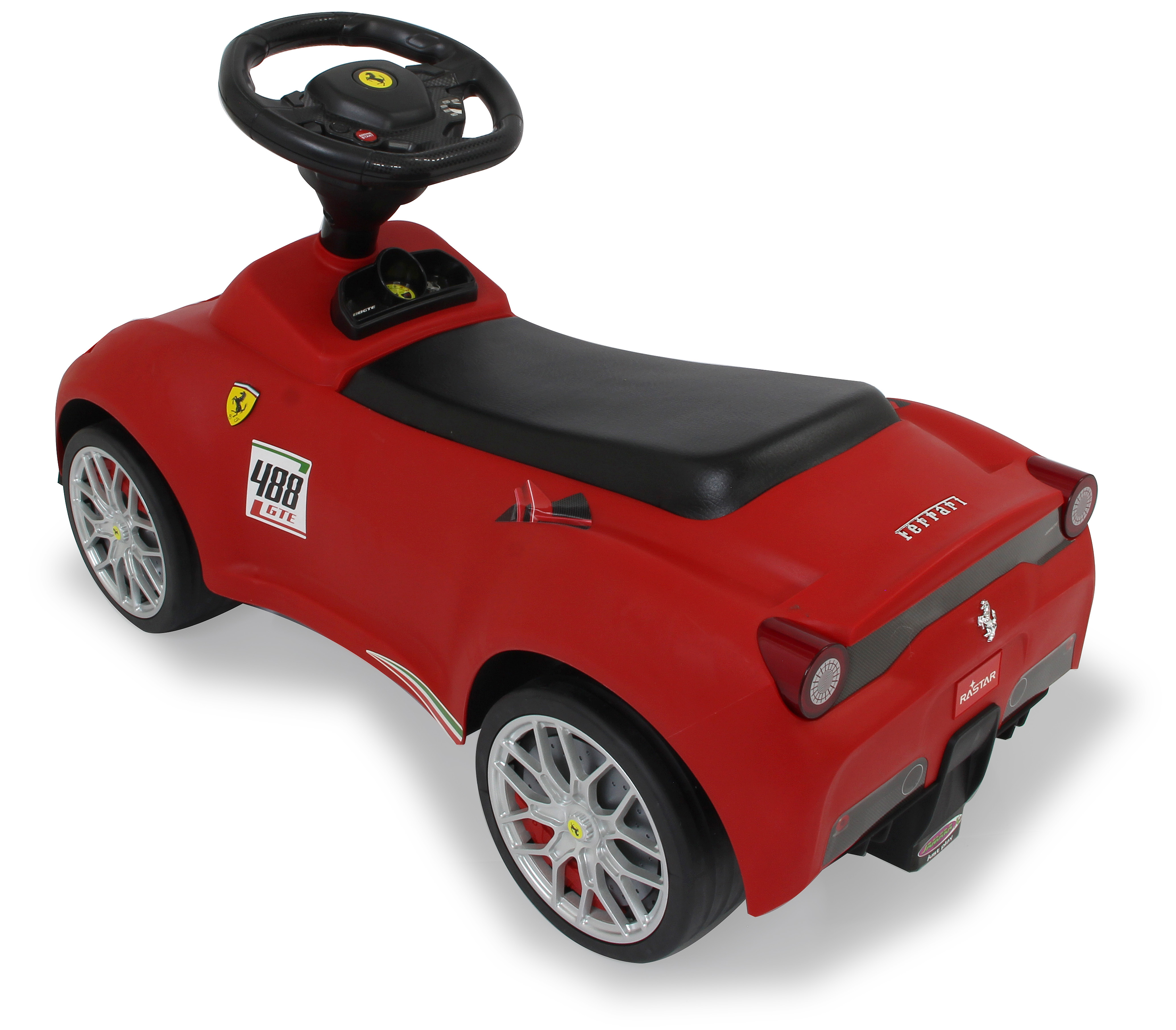 Coche de juguete Ferrari rojo, vista trasera, con asiento y volante negros. Logos Ferrari y 488 GTE visibles.
