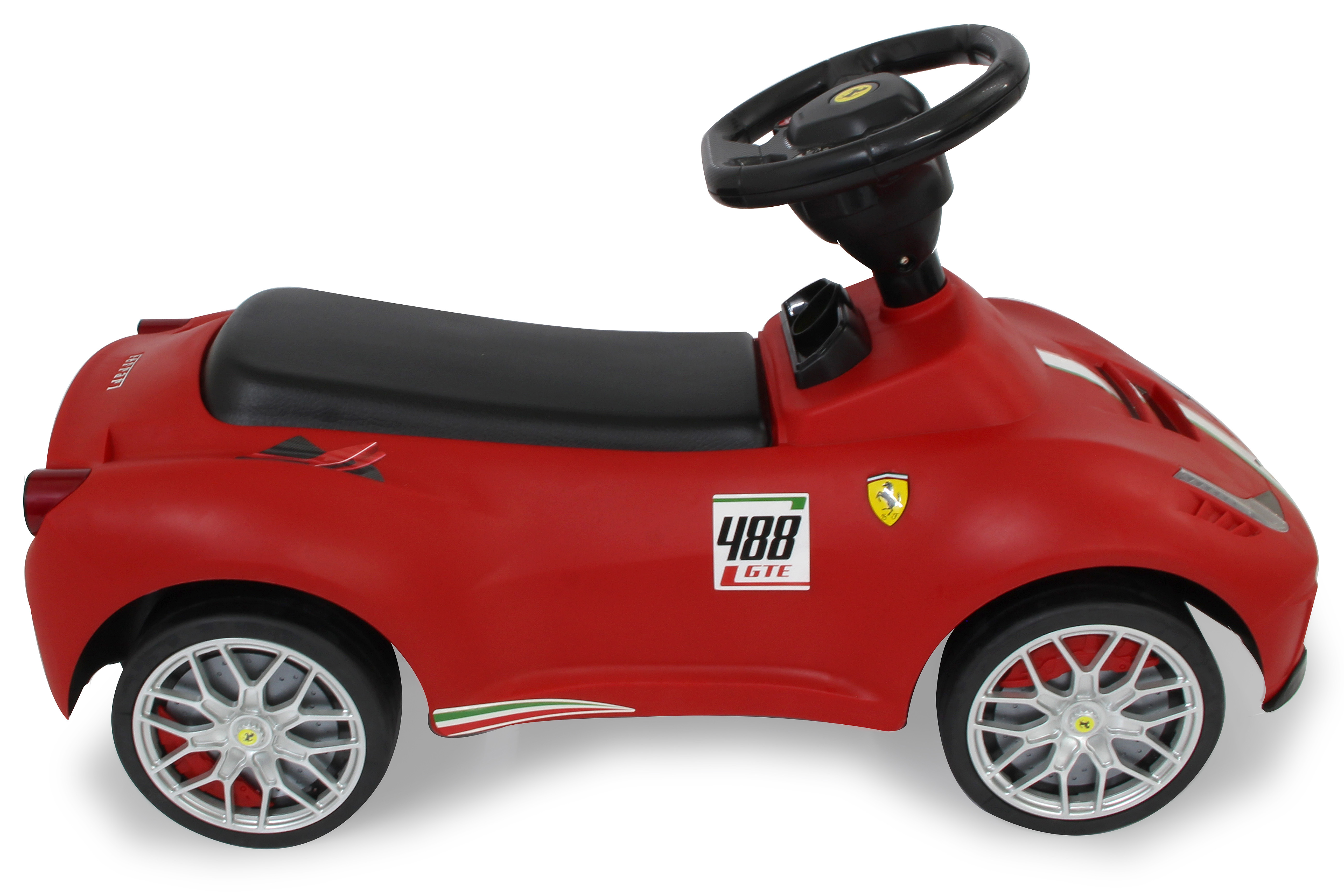 Coche de juguete Ferrari rojo desde un ángulo lateral, con asiento y volante negros. Logotipo 488 GTE visible.