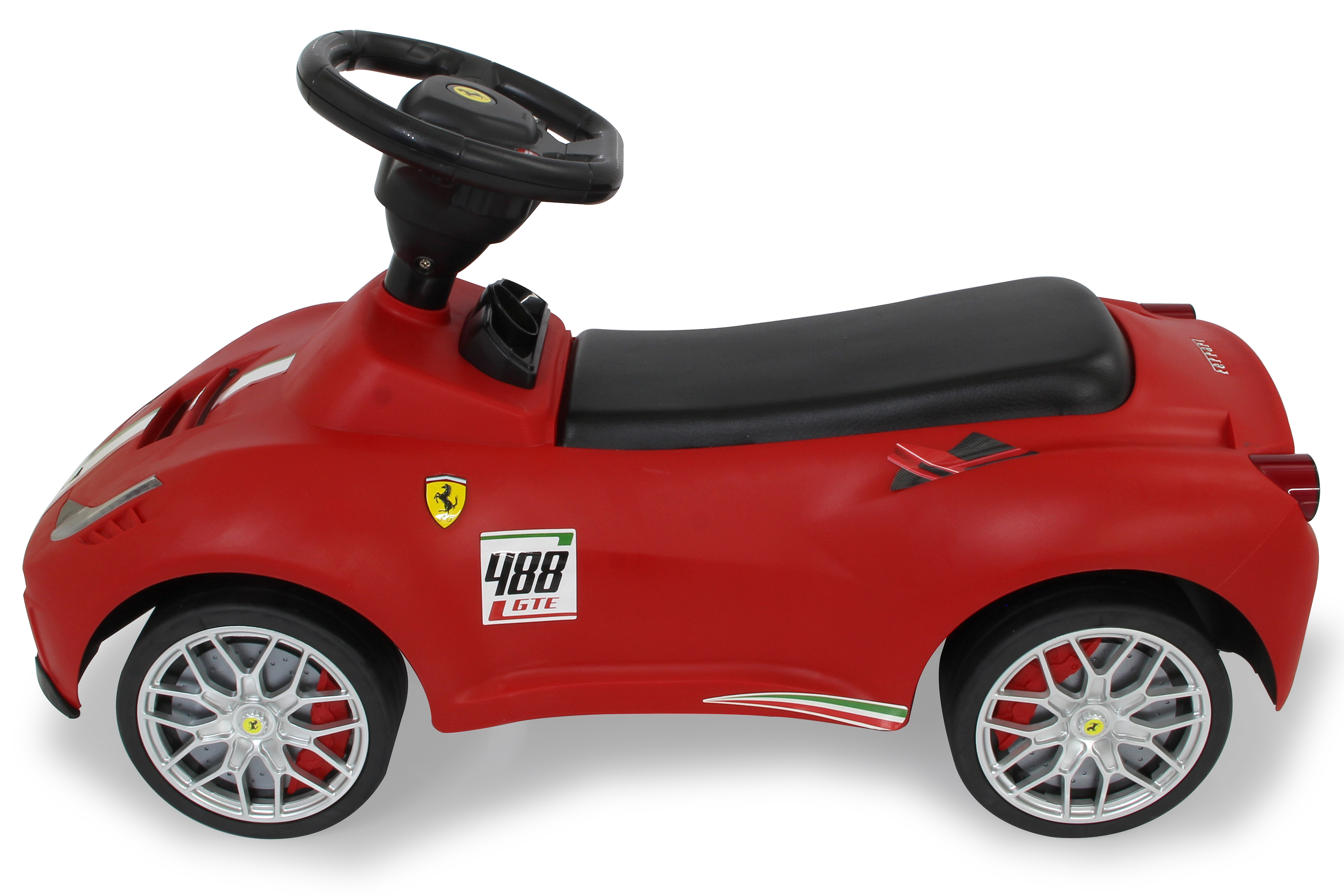 Coche de juguete Ferrari rojo, vista lateral, con asiento y volante negros. Logotipo 488 GTE visible en el lateral.