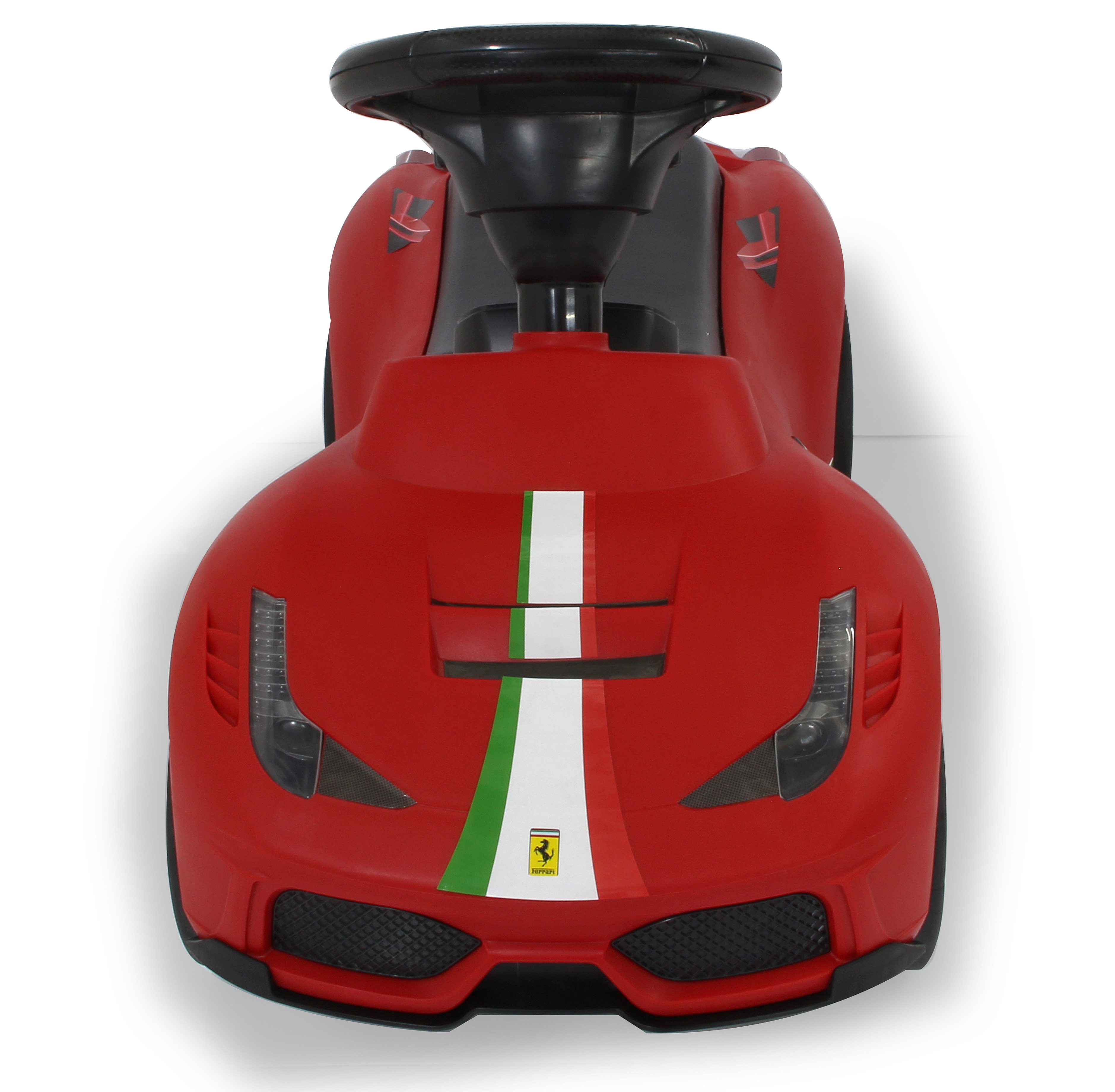 Coche de juguete Ferrari rojo, vista frontal, con rejilla negra y una franja blanca y verde en el capó.