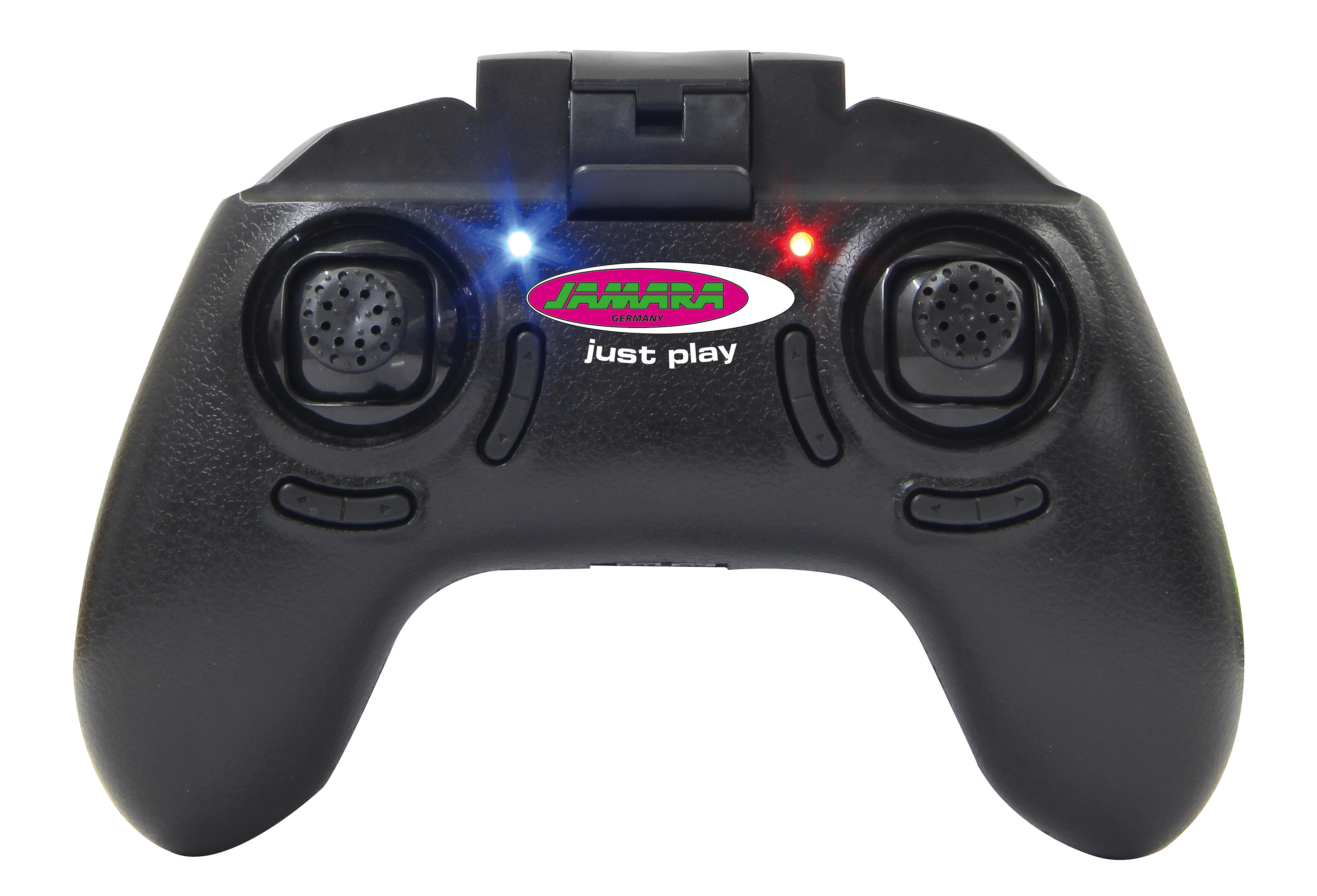 Schwarze Fernbedienung mit pink-grünem Logo, zwei Joysticks und blauen und roten Kontrollleuchten.
