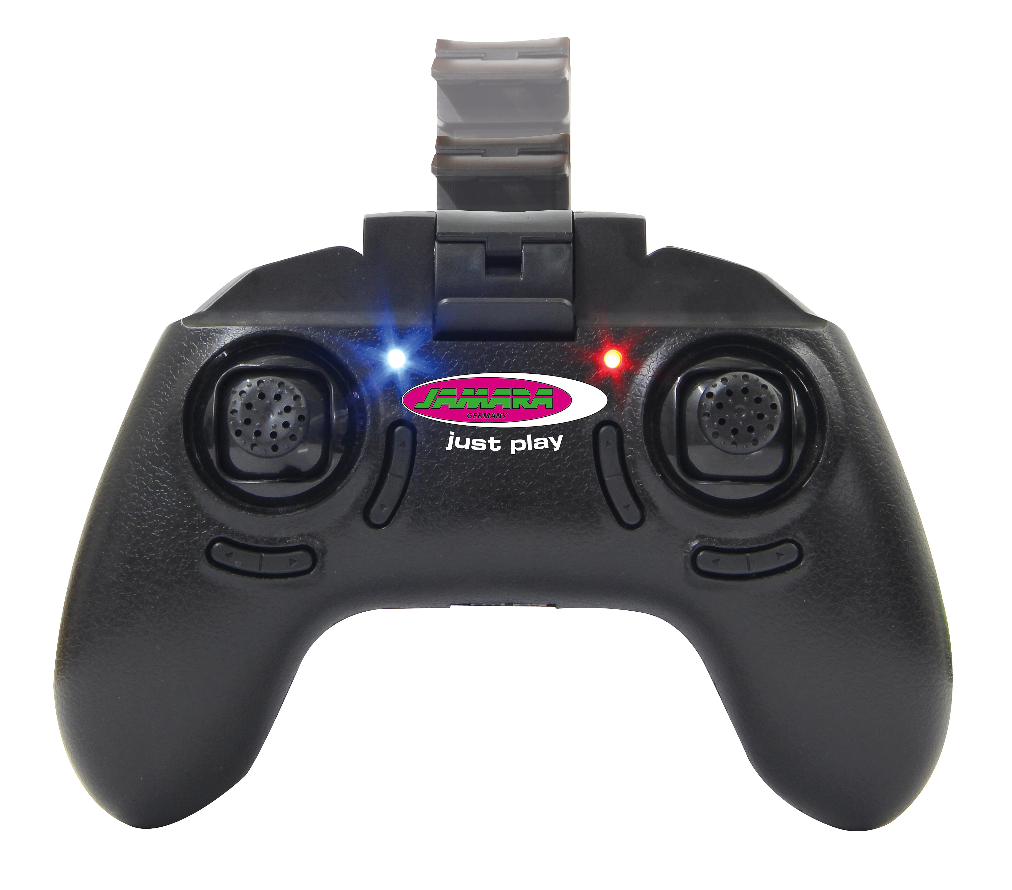 Schwarze Fernbedienung mit einem pink-grünen Logo, zwei Joysticks und blauen und roten Kontrollleuchten.