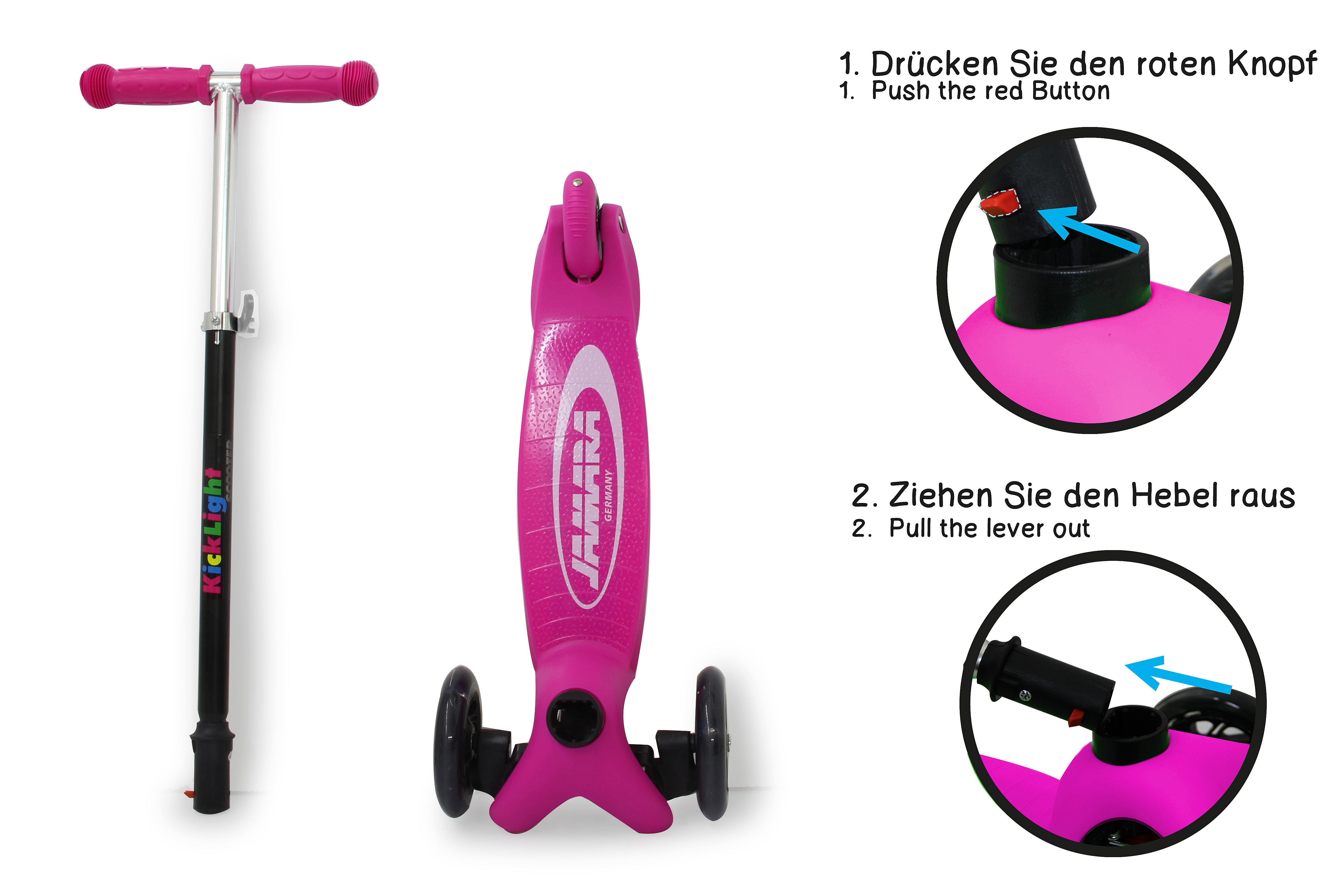 Pinkfarbener Roller mit Anweisungen. Ein Roller und zwei Nahaufnahmen zur Bedienung.