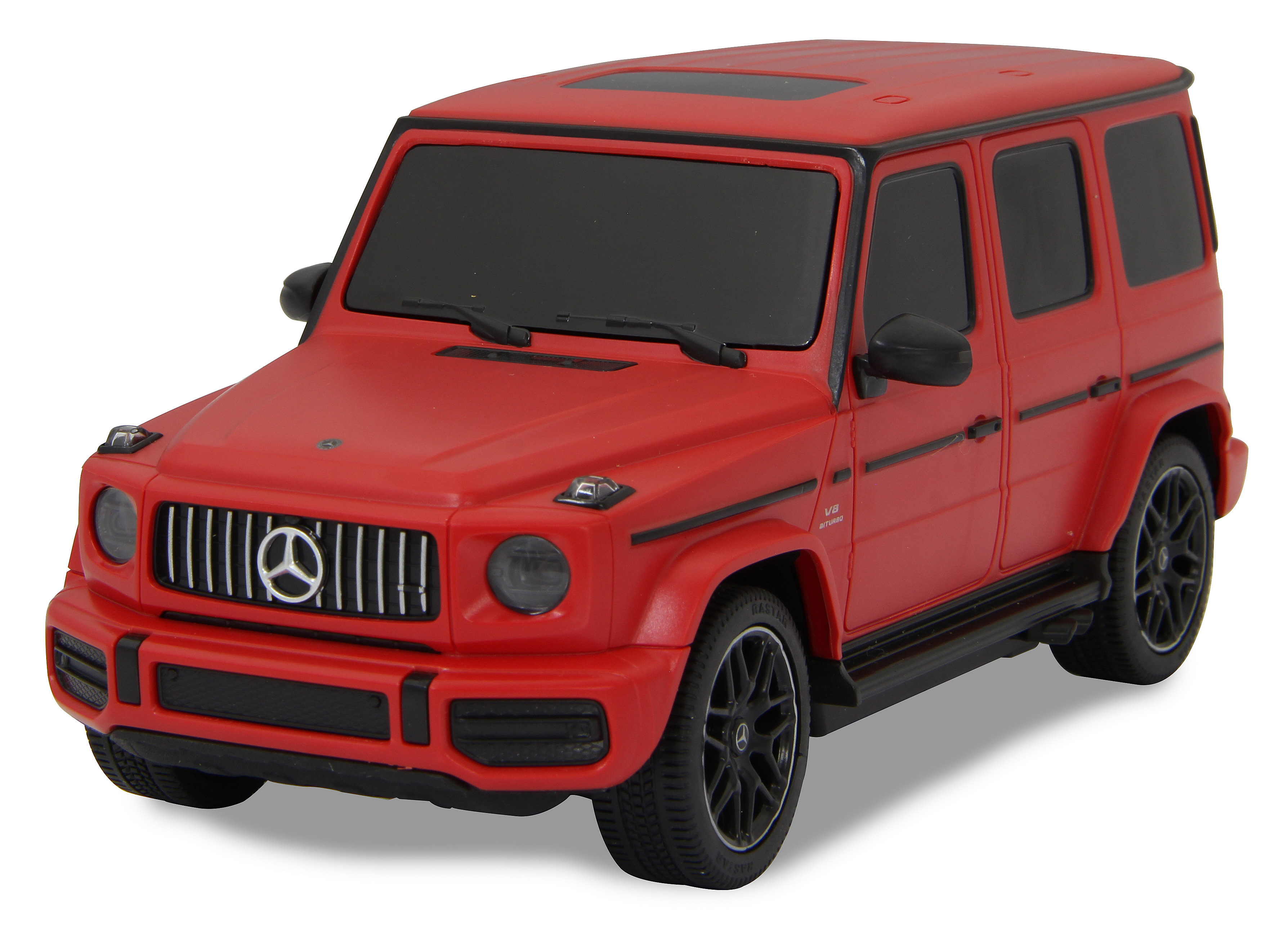 Rotes Spielzeugauto, ein Mercedes-Benz G 63 AMG. Das Auto steht auf weißem Hintergrund.