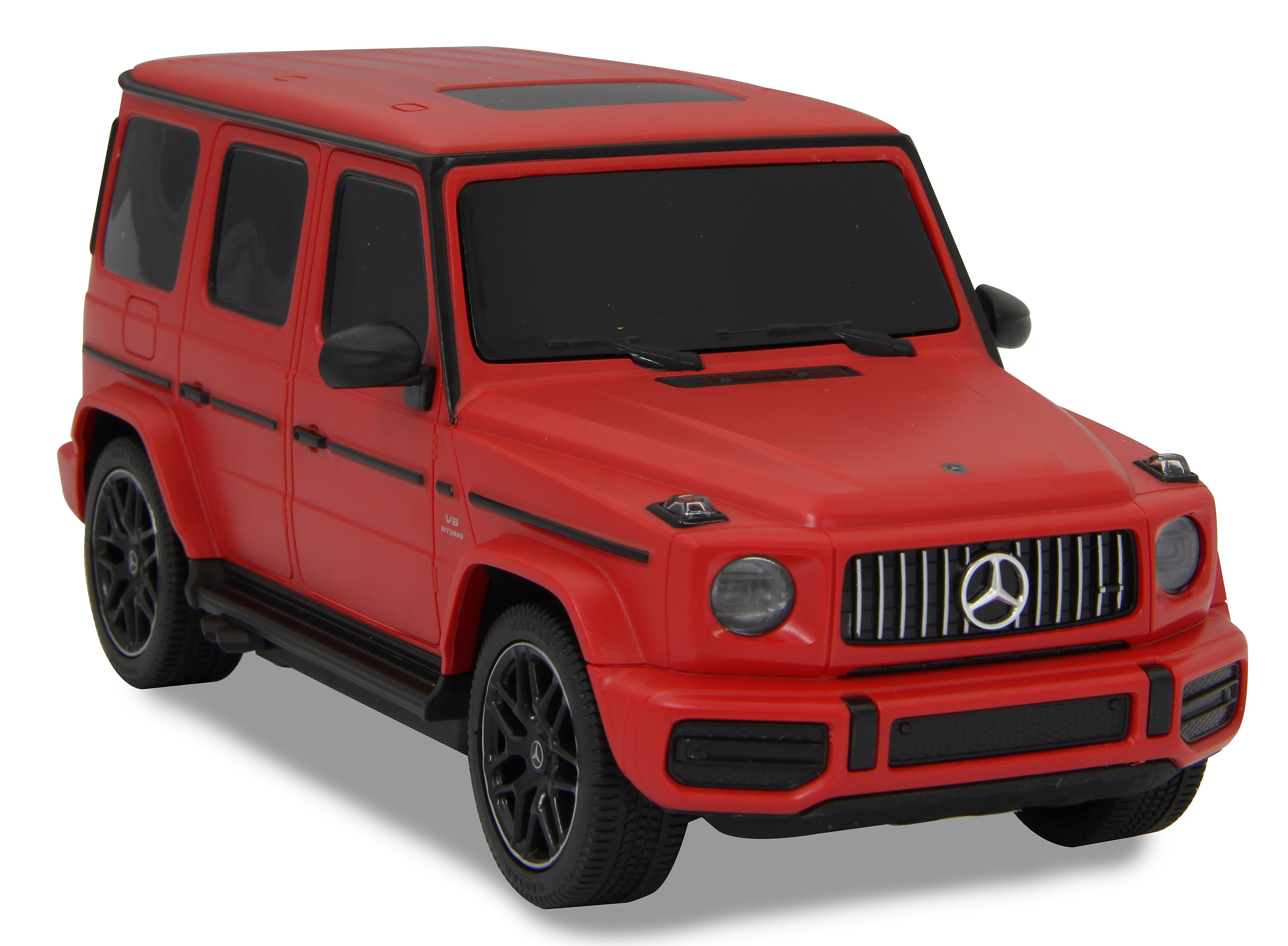 Rotes Spielzeugauto, ein Mercedes-Benz G 63 AMG. Das Auto steht auf weißem Hintergrund.