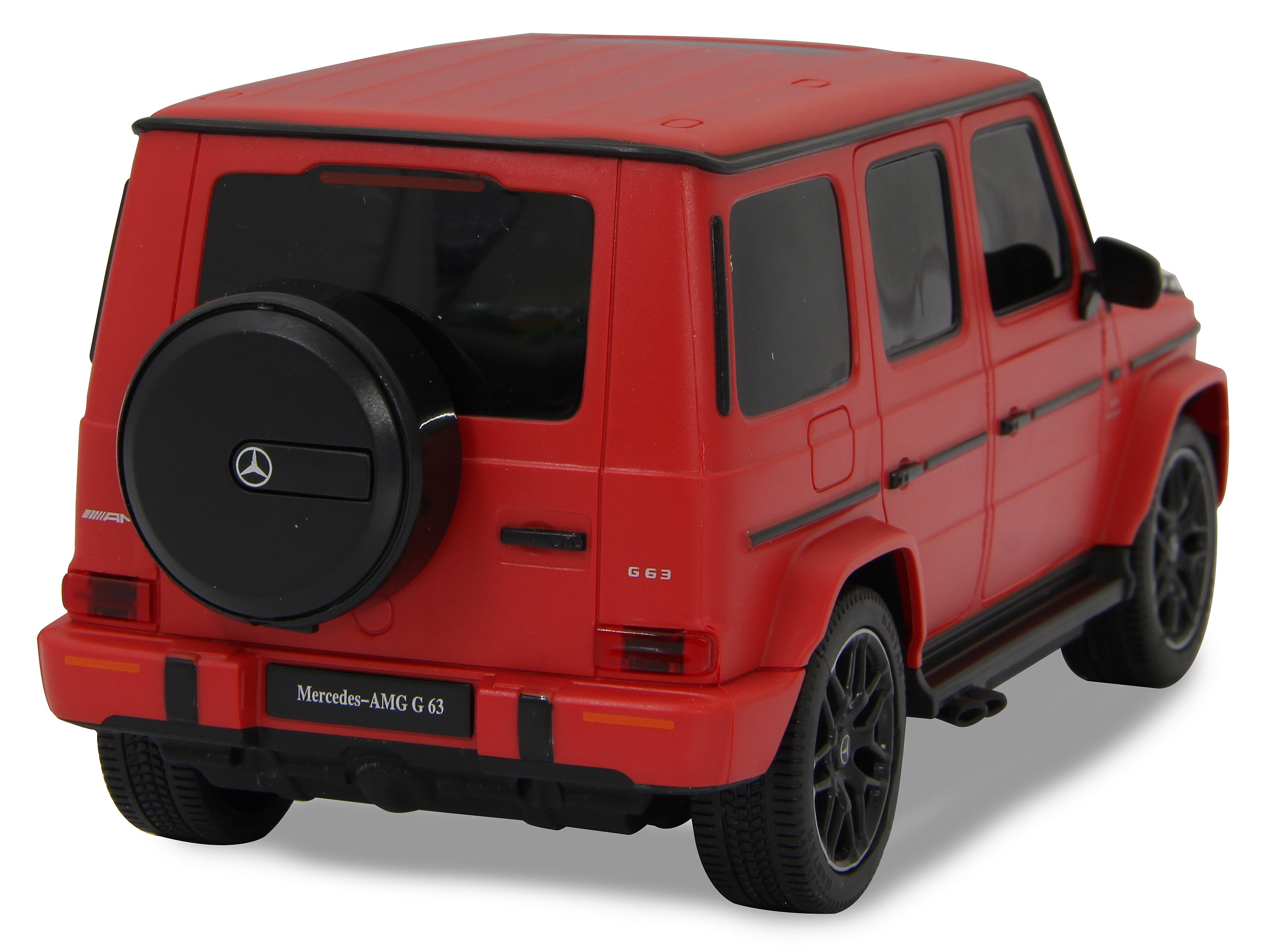 Rückansicht eines roten Mercedes-Benz G 63 Spielzeugautos. Es steht auf weißem Hintergrund.