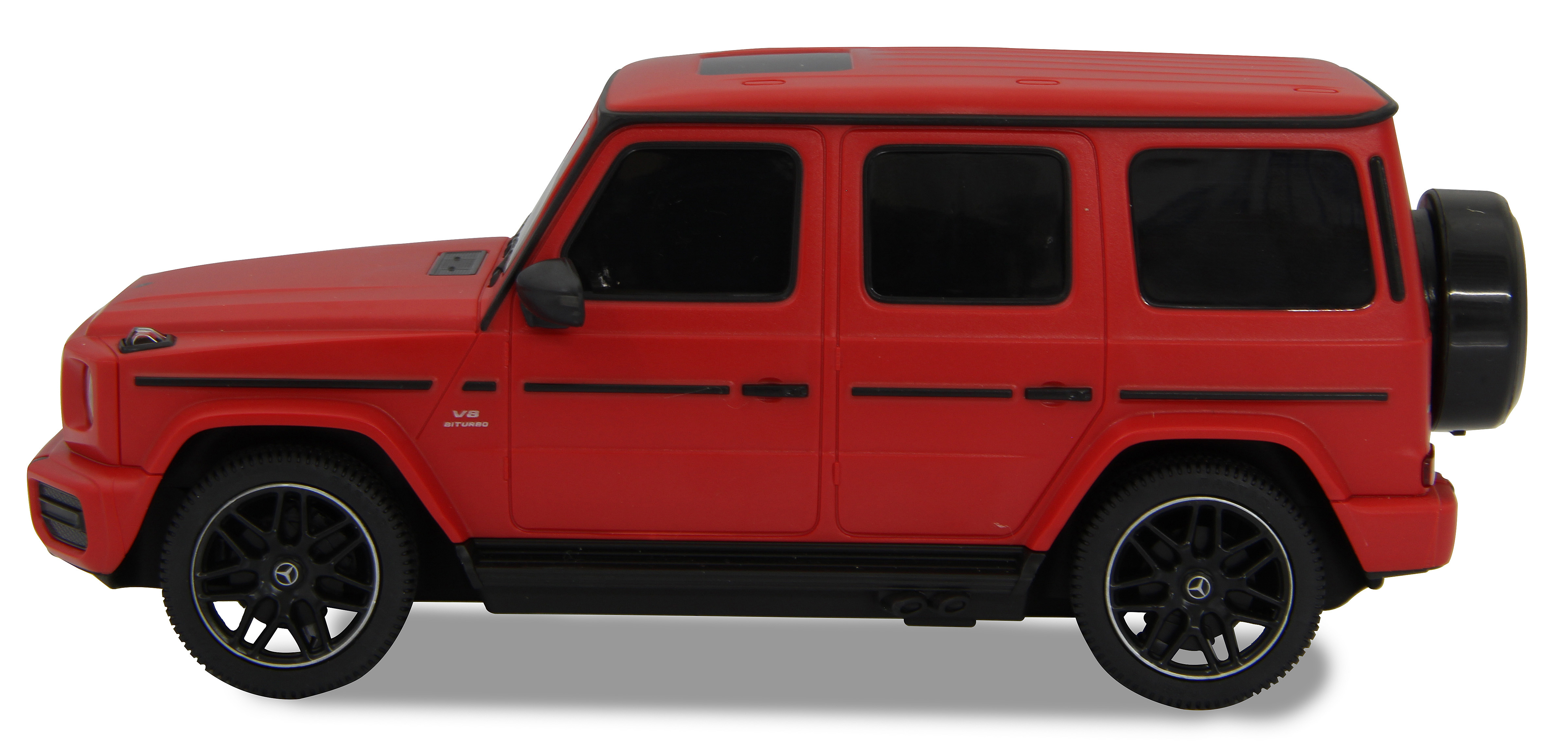 Rotes Mercedes-Benz G 63 Spielzeugauto von der Seite. Es steht auf weißem Hintergrund.
