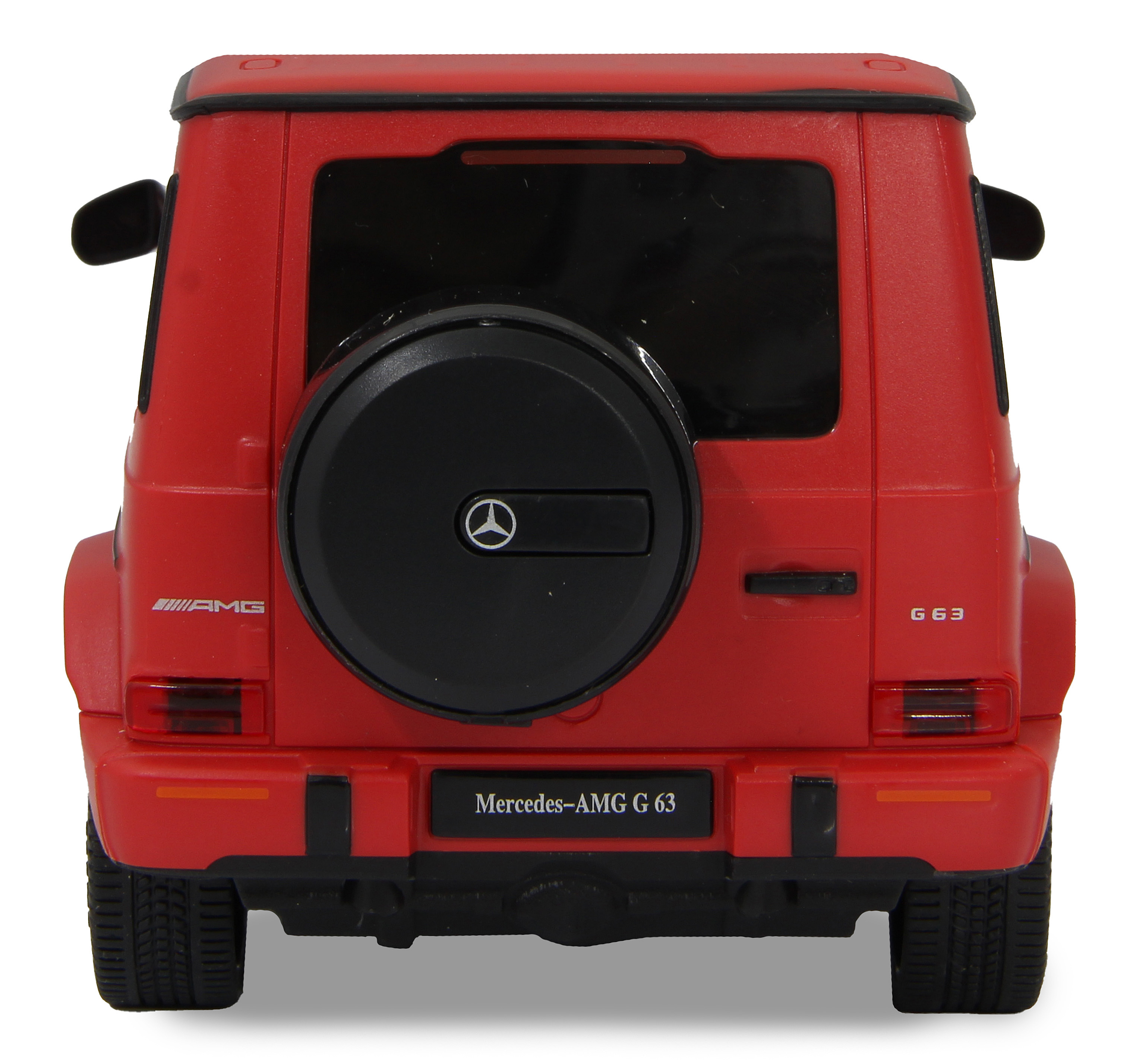 Rückansicht eines roten Mercedes-Benz G 63 Spielzeugautos. Es steht auf weißem Hintergrund.