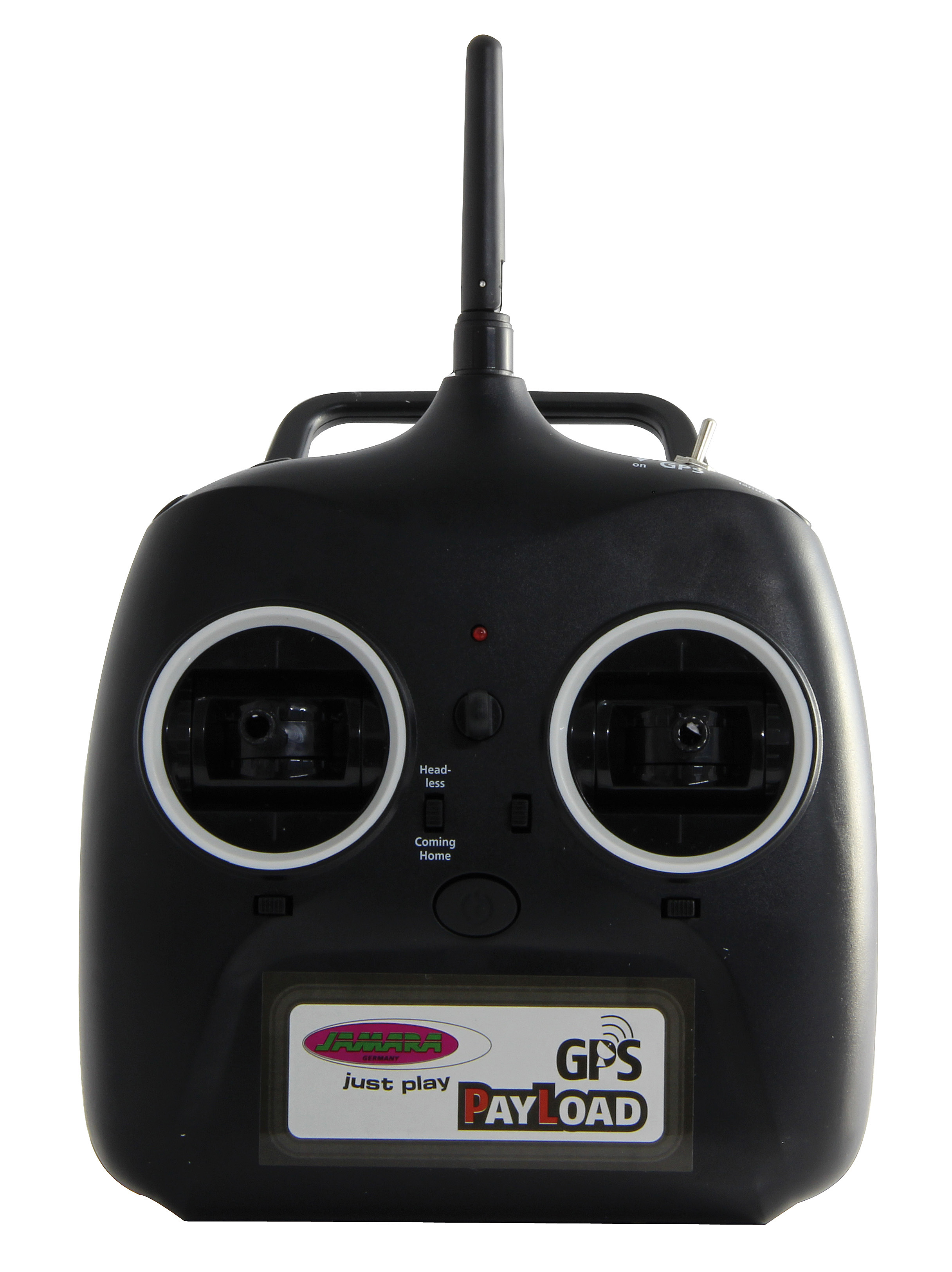 Schwarze Fernbedienung für eine Drohne. Sie hat Knöpfe und Joysticks. Der Hintergrund ist weiß.