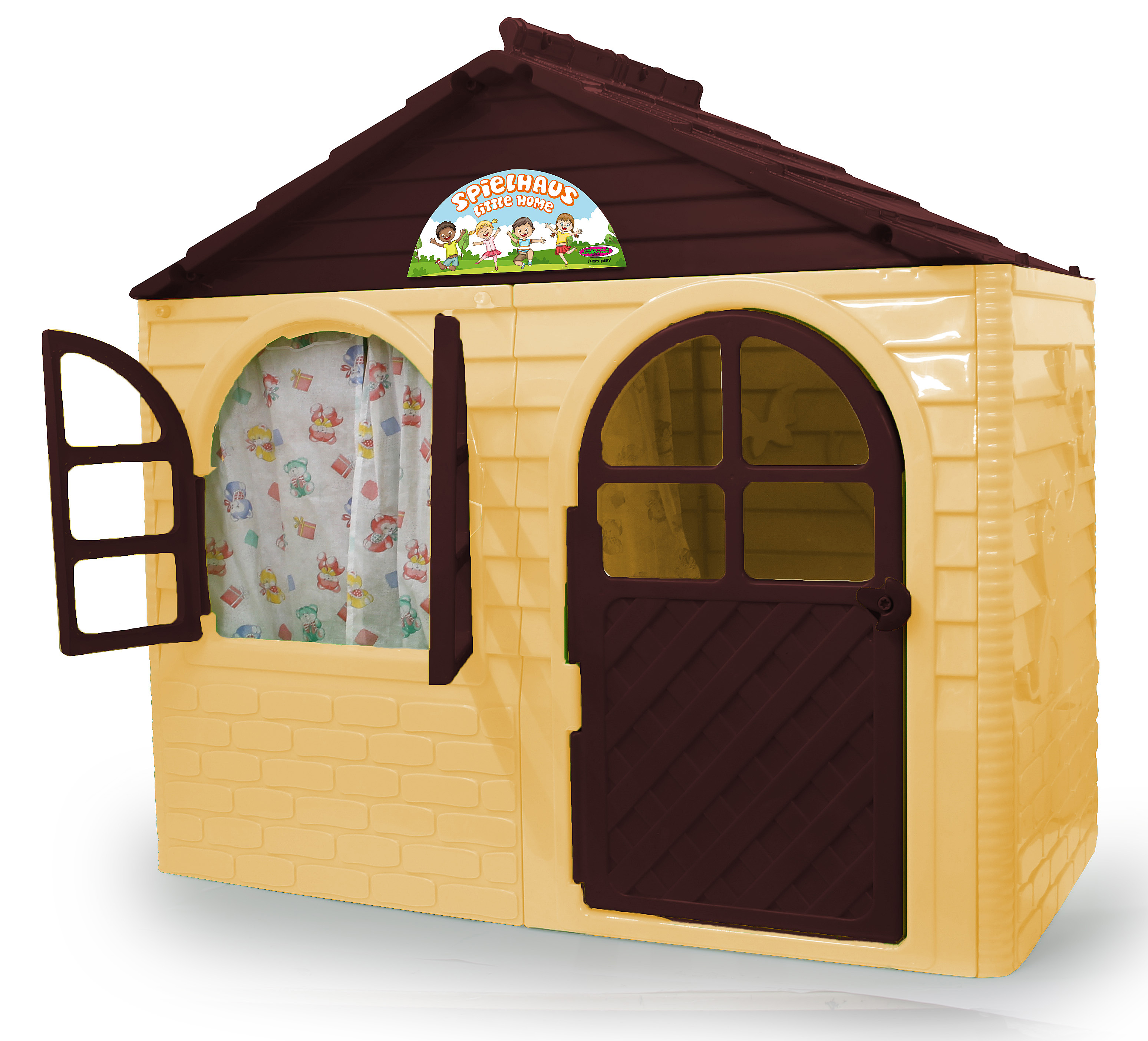 Ein hellbraunes Spielhaus mit braunem Dach und Tür, ein offenes Fenster mit Vorhang.