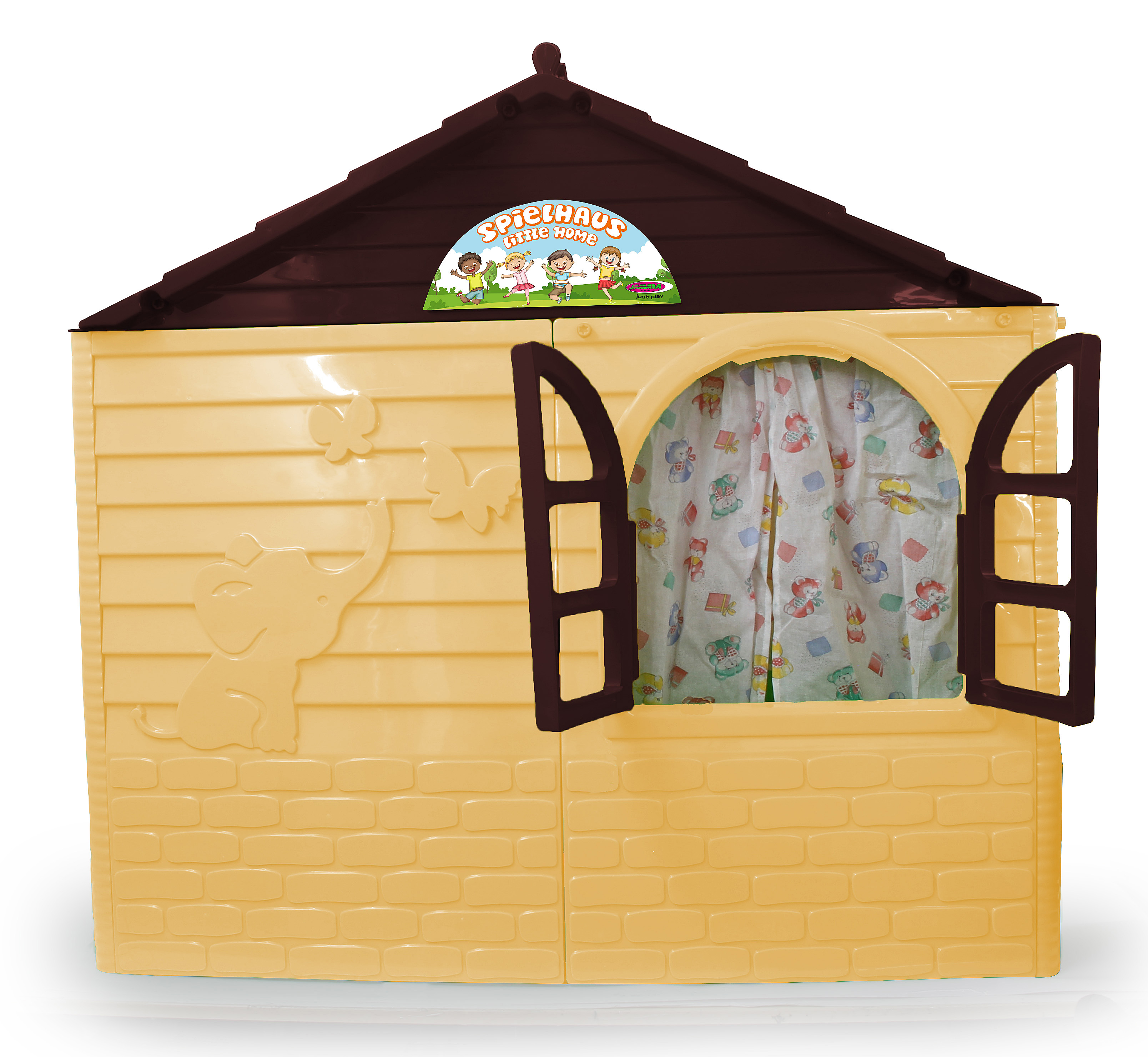 Ein hellbraunes Spielhaus mit braunem Dach, einem Fenster mit Vorhang und Elefanten.