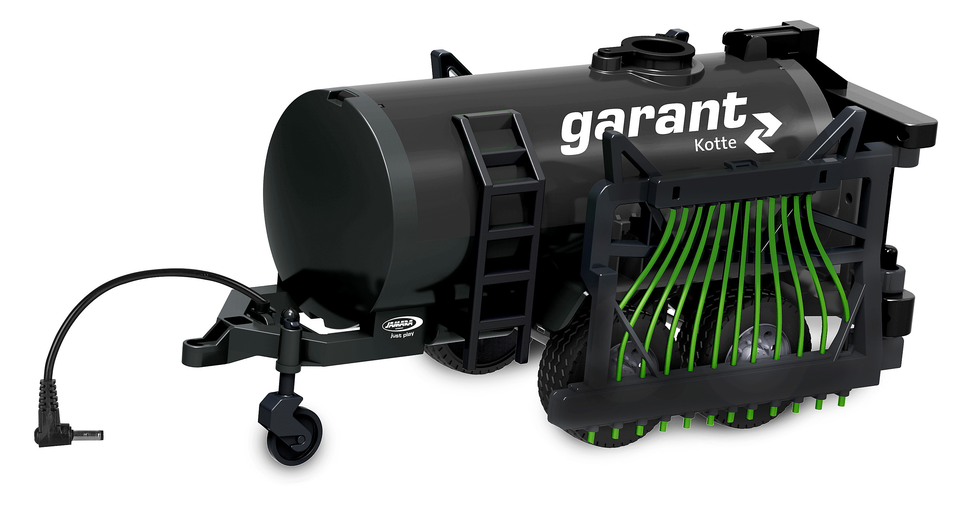 Schwarzer Spielzeug-Landwirtschaftstanker mit grünen Sprüharmen, 'garant kotte' und Vorderrad.
