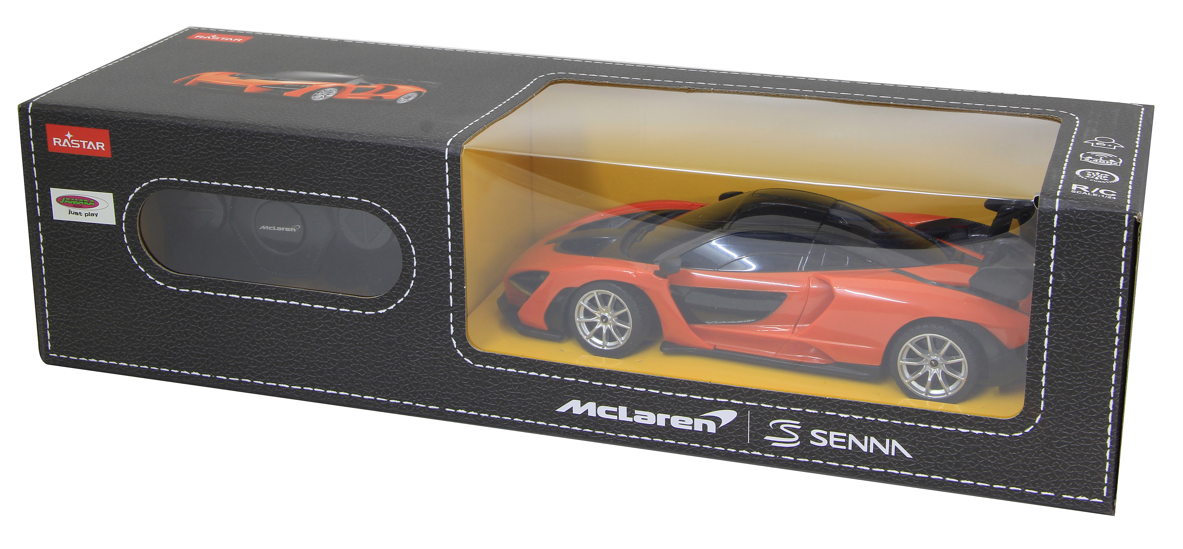 Orangener und schwarzer McLaren Senna Spielzeugwagen in einer Box mit Fernbedienung.
